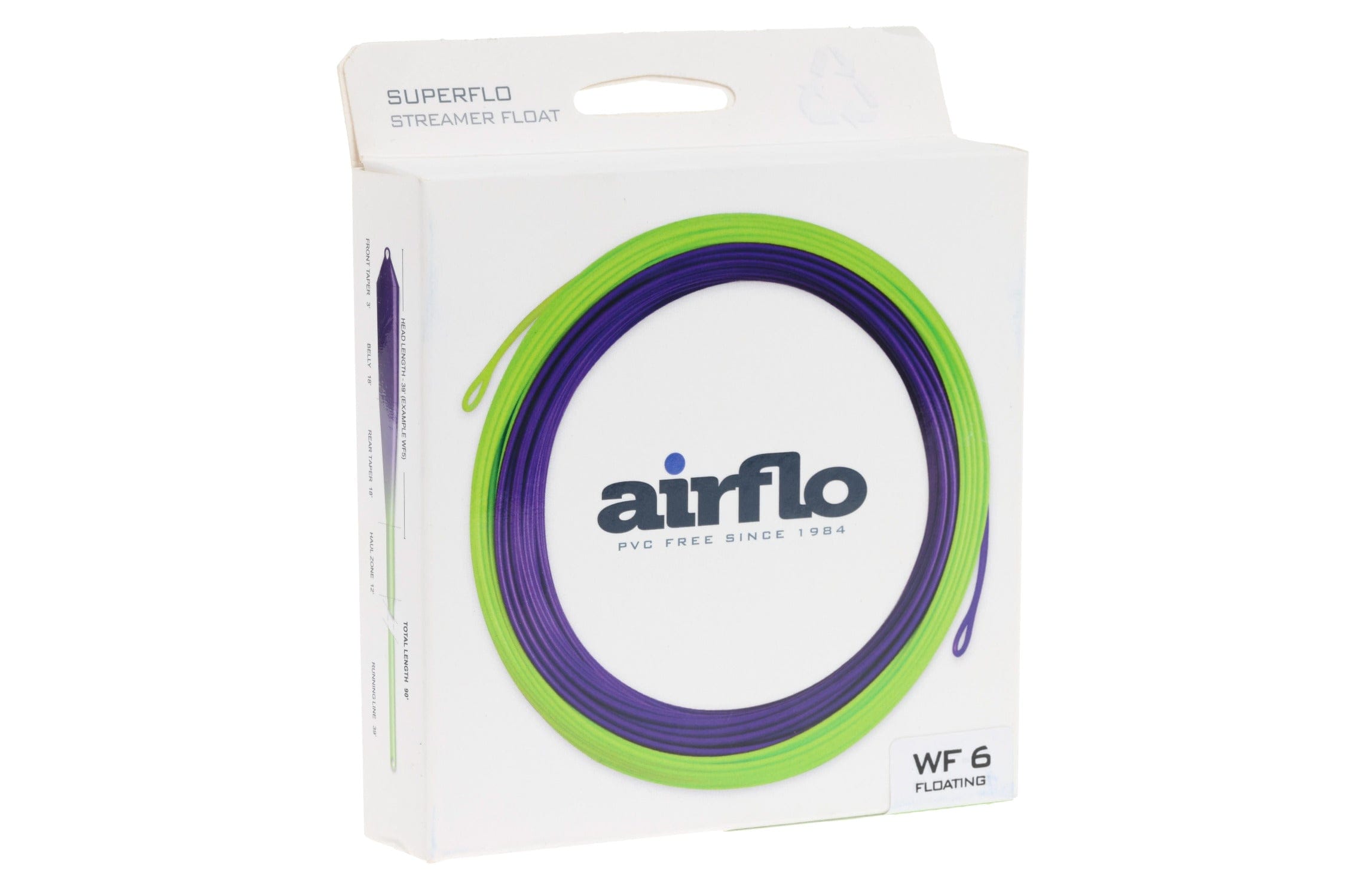 White Airflo Superflo Streamer Float box showing coiled green and purple floating fly line graphic and WF6 label