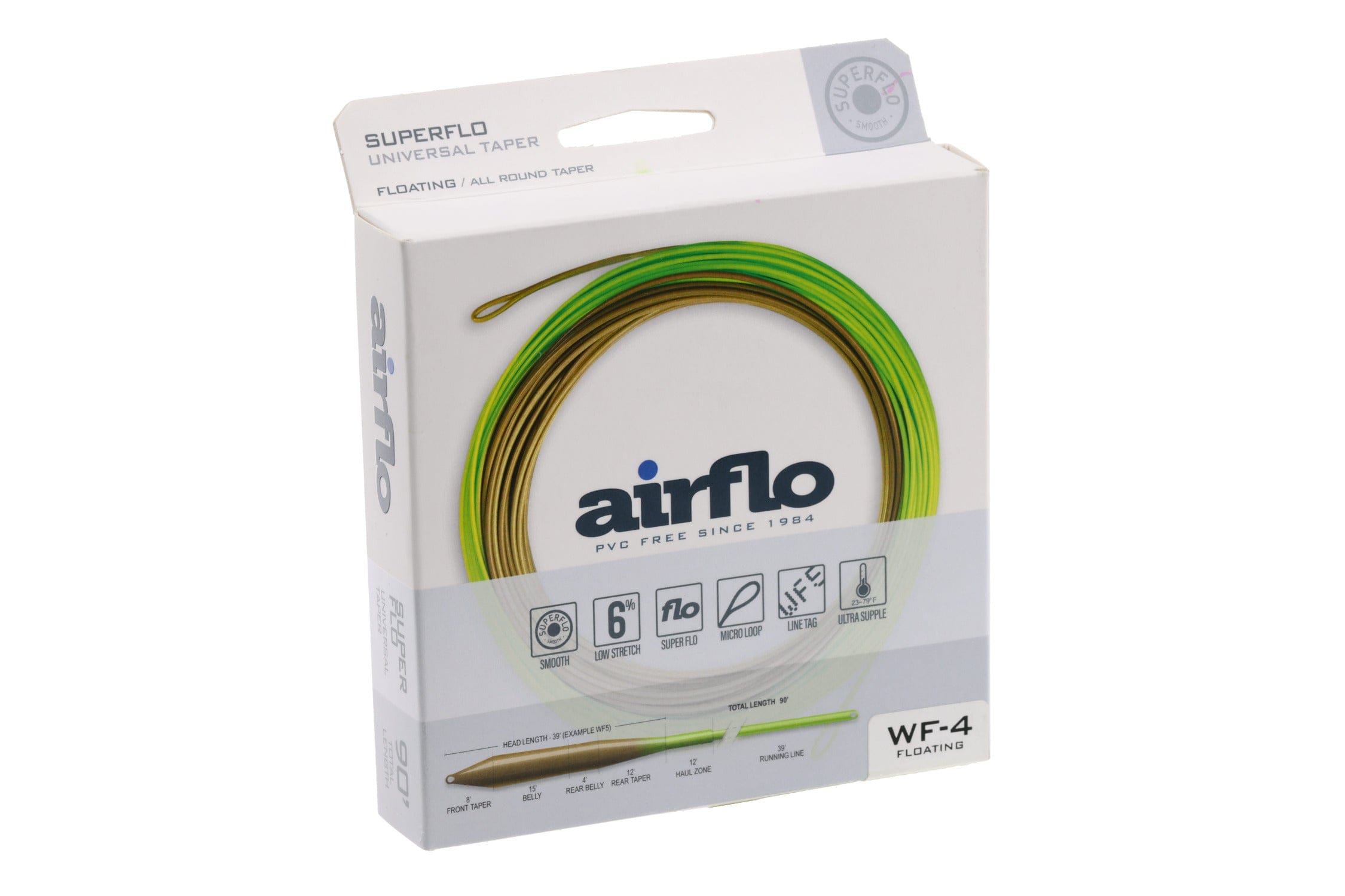 Airflo Superflo fly line in white box with coiled green and olive floating line, WF-4 label and Airflo logo visible