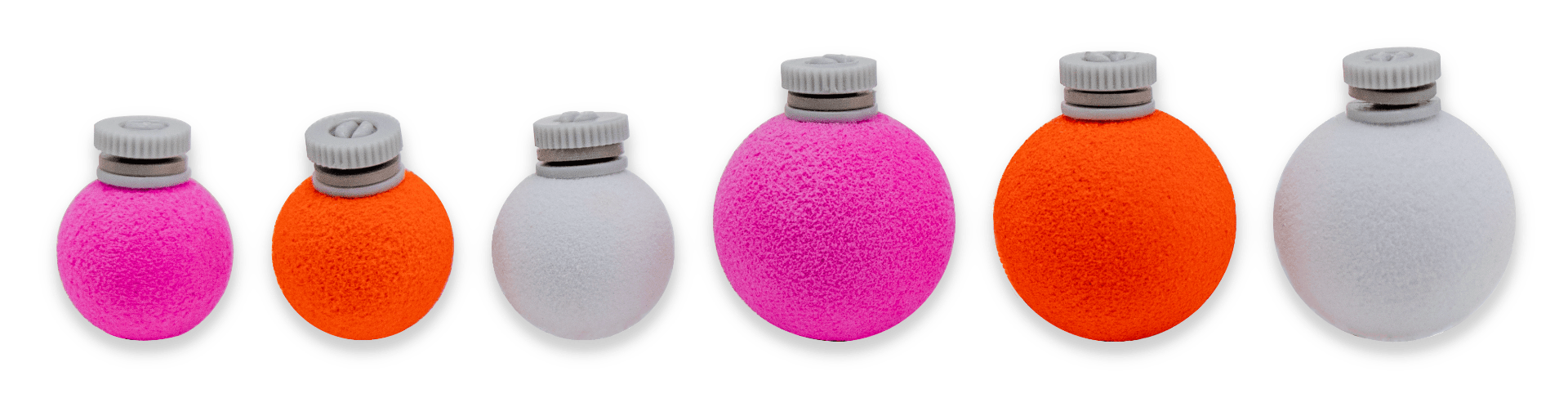 Six Airlock strike indicators, textured foam balls in pink, orange and white with gray screw caps