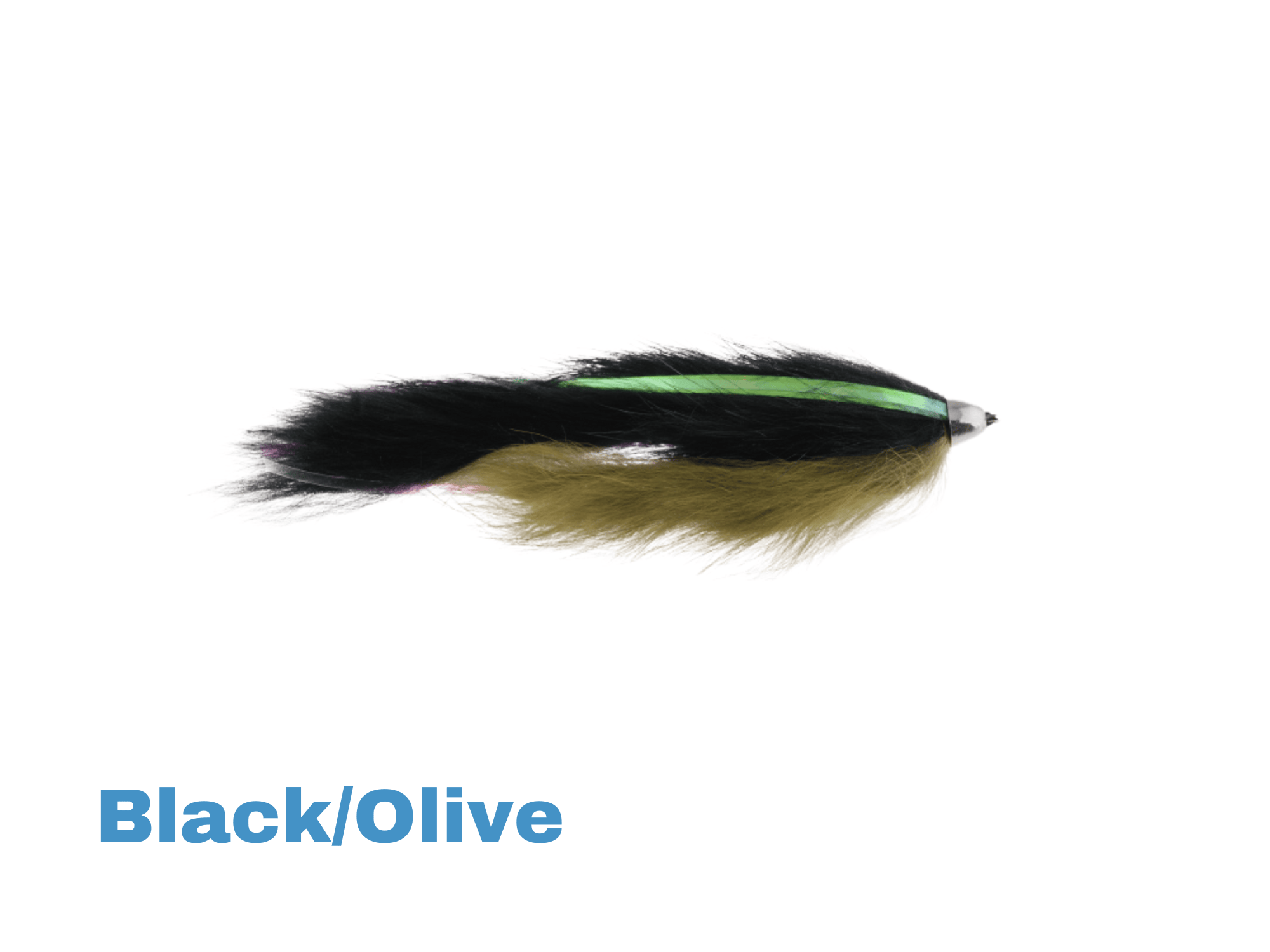 Black and olive Dolly Llama streamer fly with long marabou fur, chartreuse flash strip and silver cone head