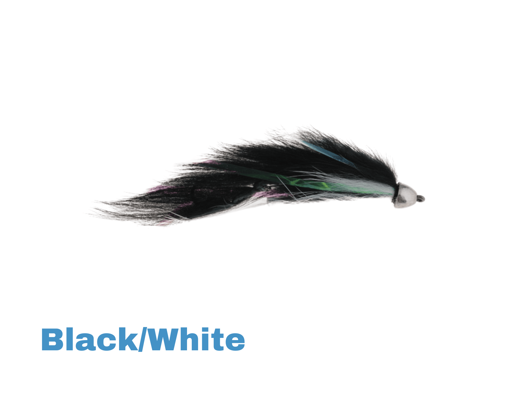 Aquaflies Dolly Llama fishing fly with black and white marabou streamer, green/blue feather accents and silver bead head