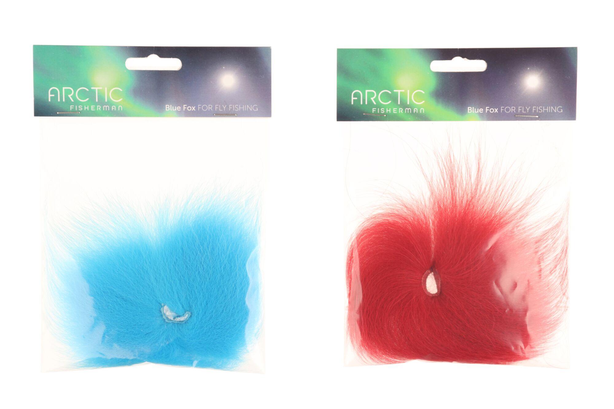 Arctic Fisherman Blue Fox fly tying pack with bright blue and red long-haired fox fur patches in clear hanging packaging