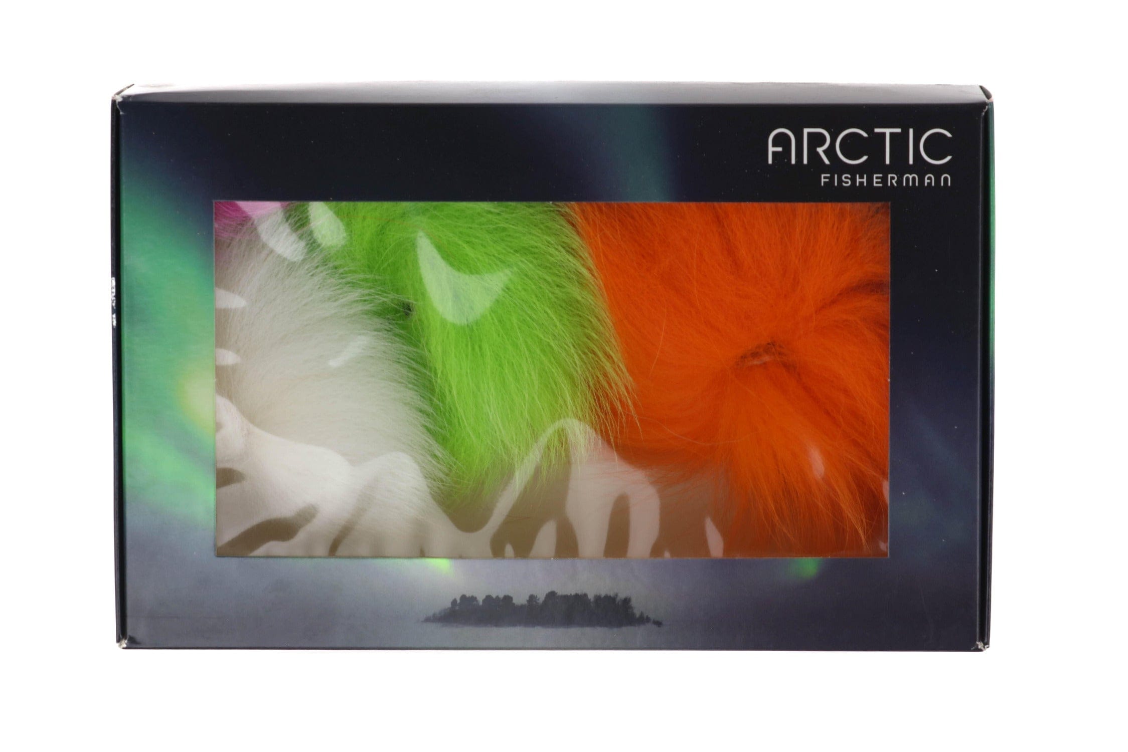 Arctic Fisherman blue fox body fur patches in window box showing white, chartreuse green and bright orange fly tying fur