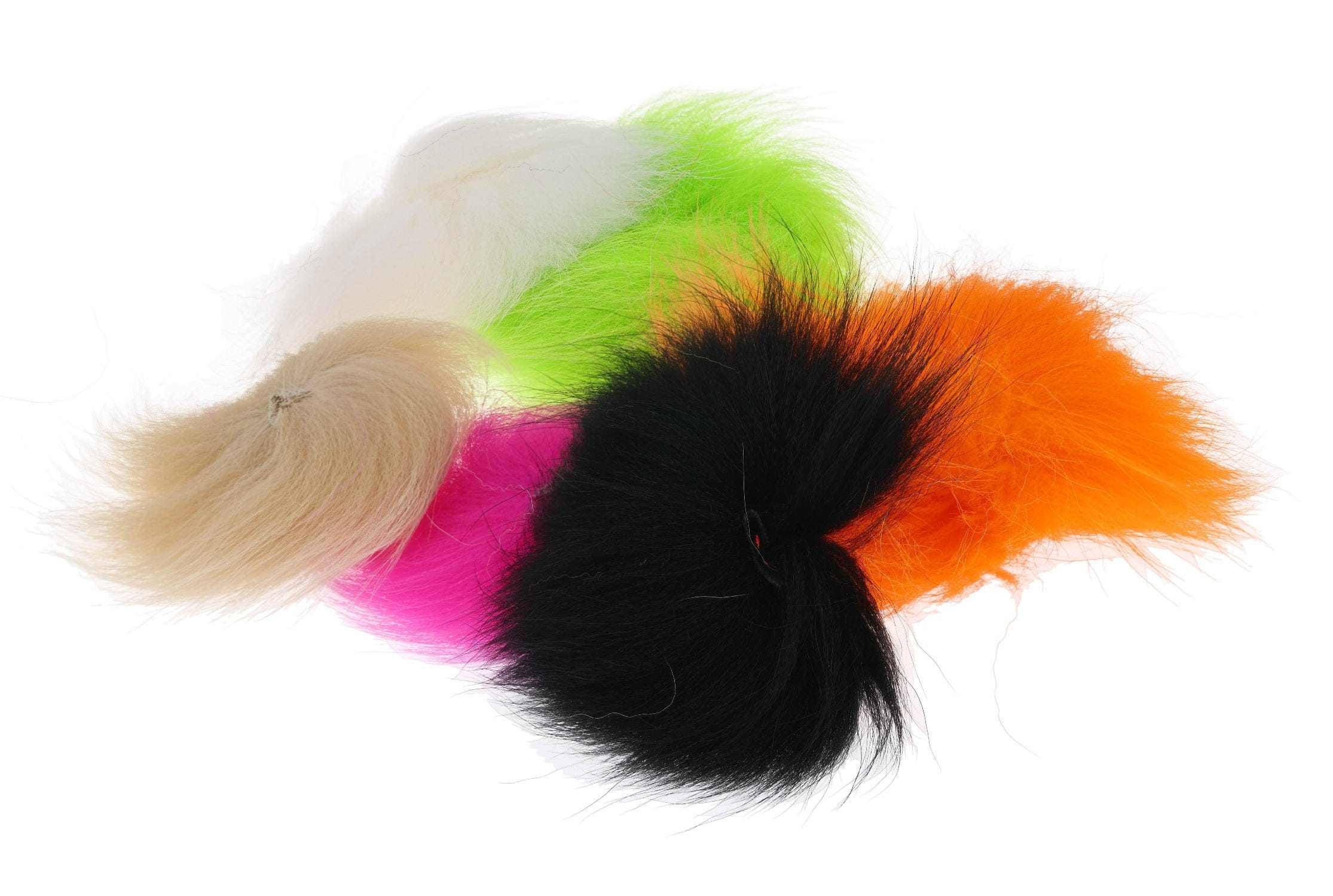 Assorted Arctic Fisherman Blue Fox body fur patches in neon green, orange, black, pink, tan and white for fly tying
