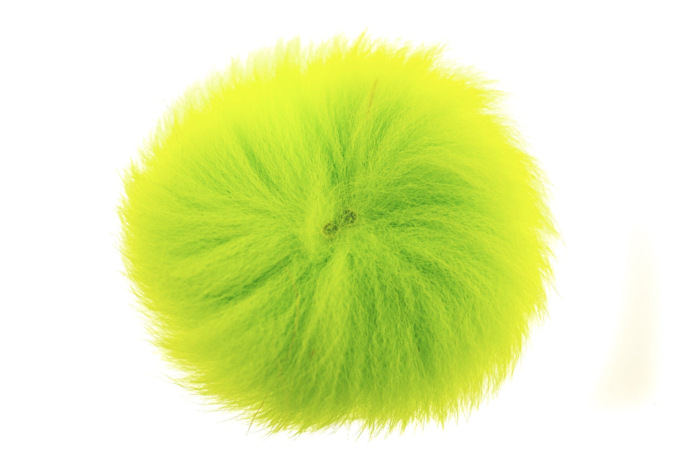 Round fluffy chartreuse blue fox fur pompom for fly tying with long soft fibers and dense round tuft