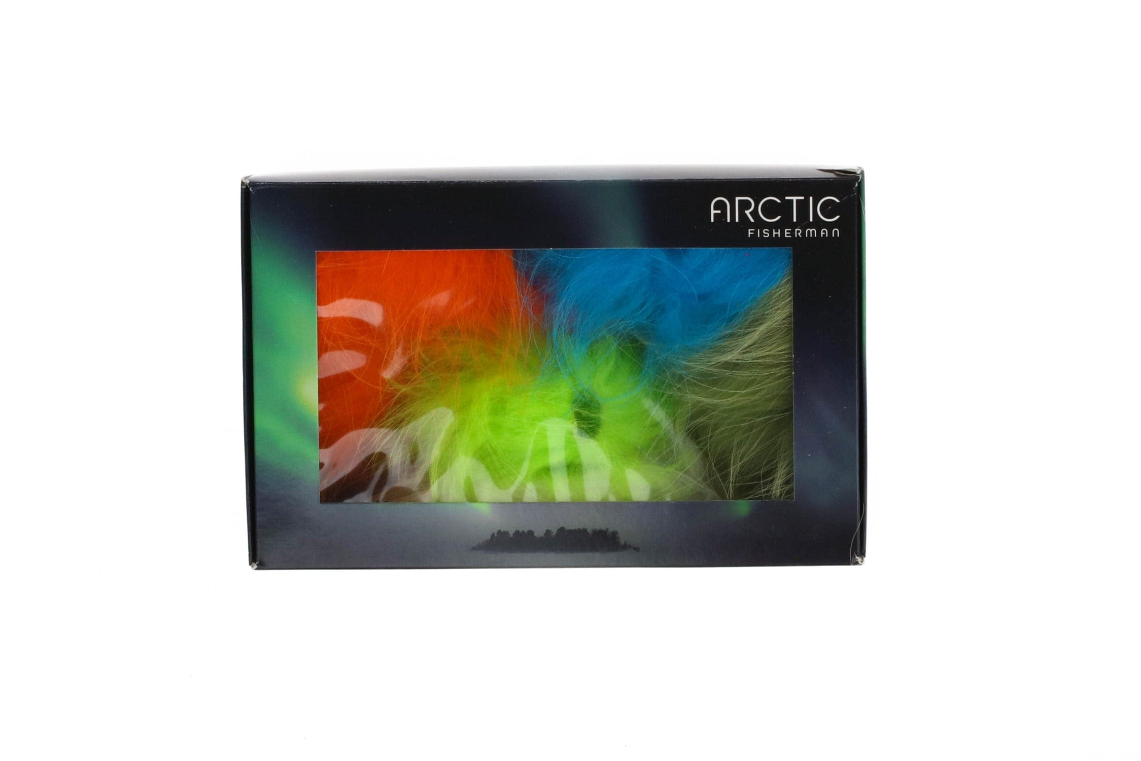 Arctic Fisherman boxed Finn raccoon fur variety pack showing orange, blue, neon green and natural gray fur for fly tying