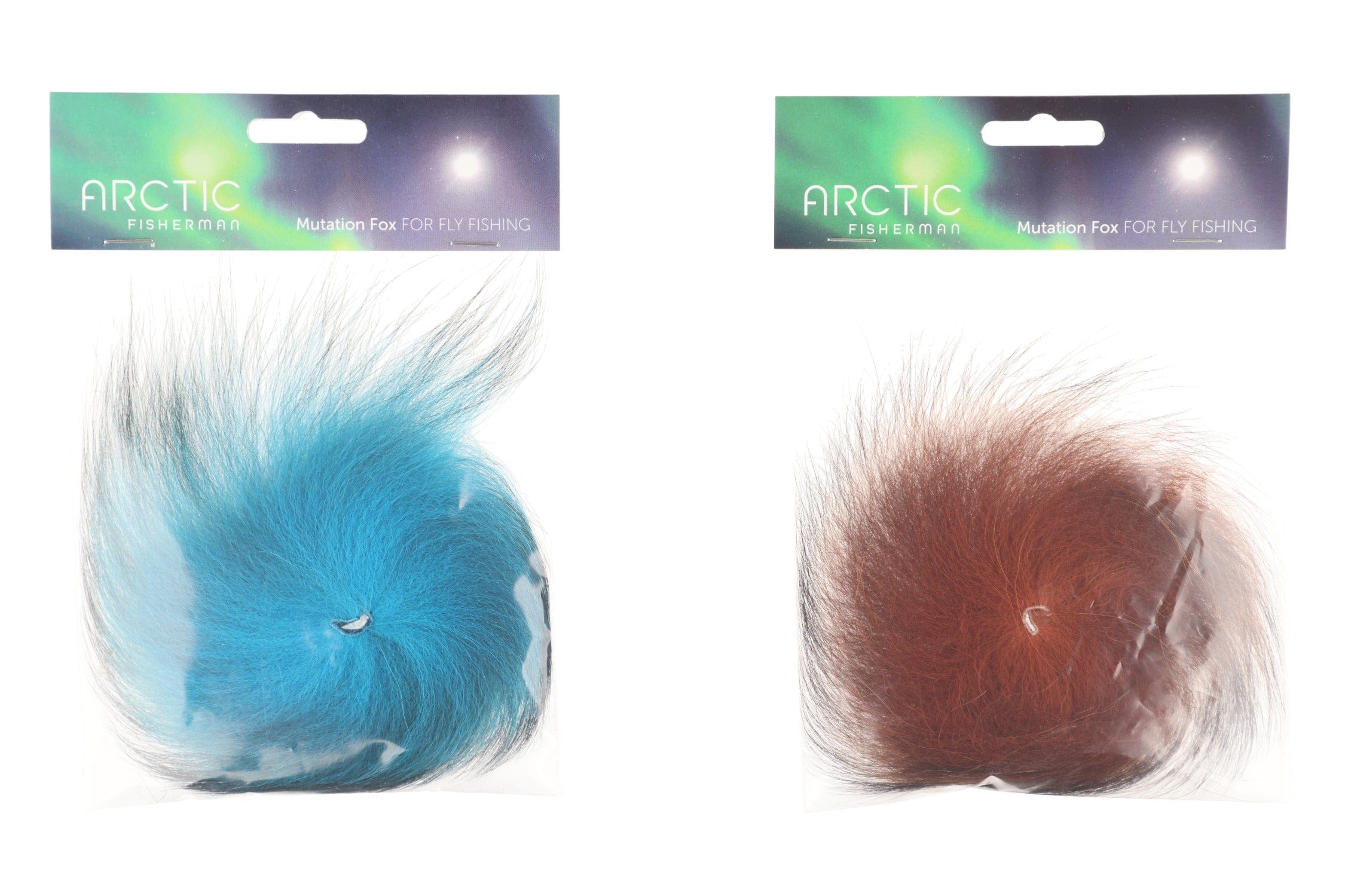 Arctic Fisherman Mutation Fox hair packs: vibrant turquoise and natural brown long, wispy fox hair for fly tying