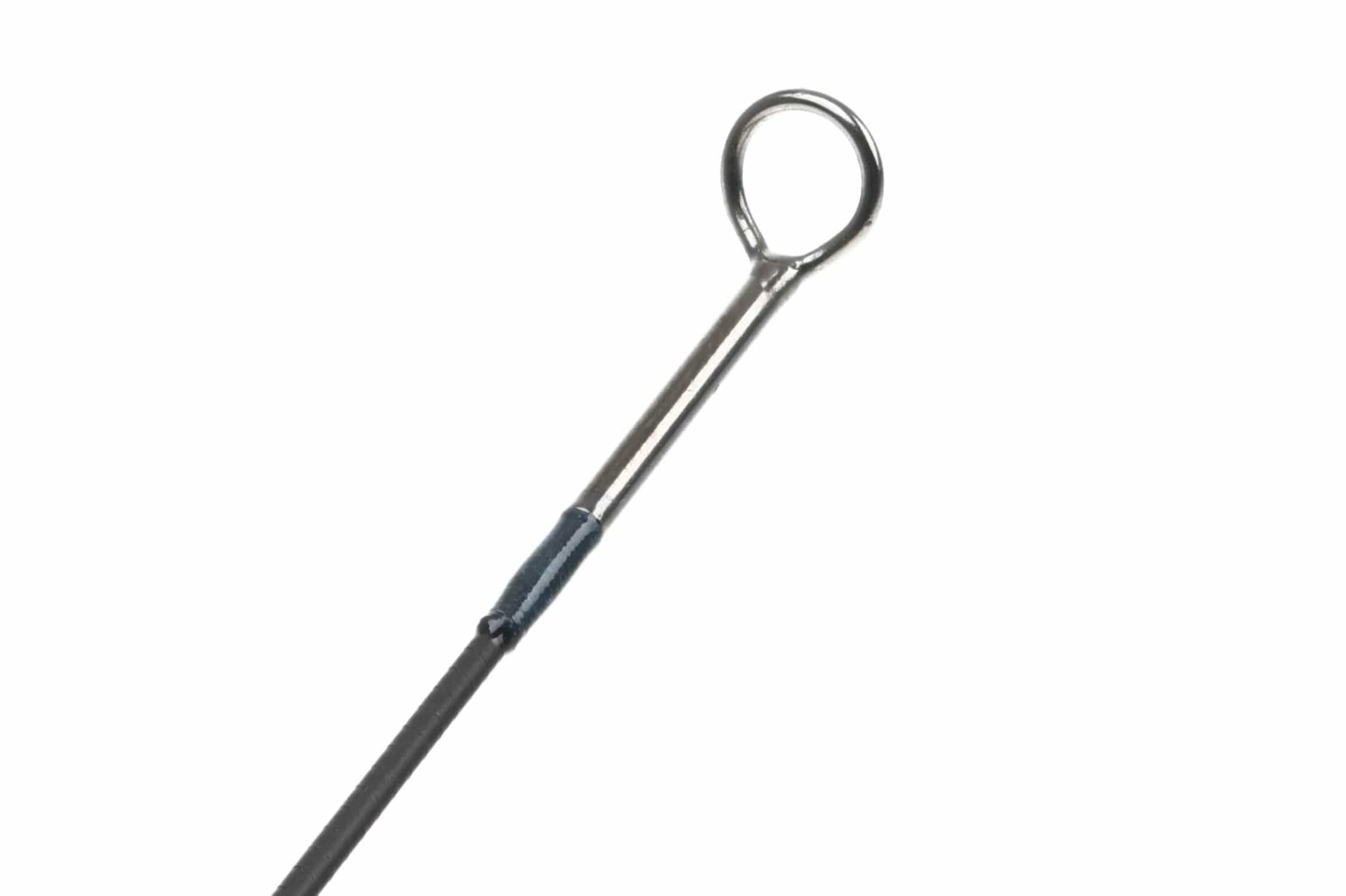 Atlas Signature 8ft 6in 4wt fly rod tip showing dark gray carbon blank, silver guide ring and blue thread wrap on white