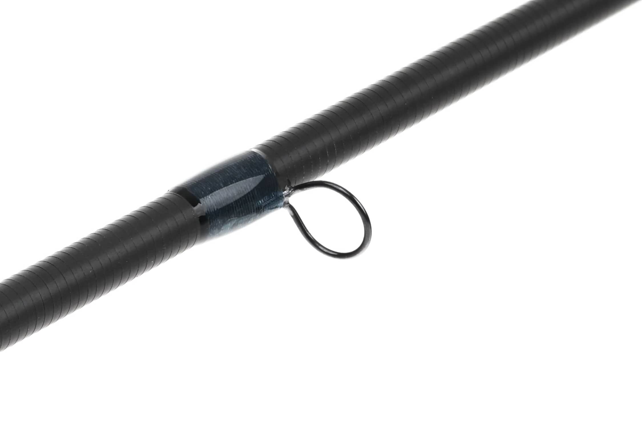 Atlas black carbon fly rod blank with spiral texture, blue thread wrap and single black guide loop