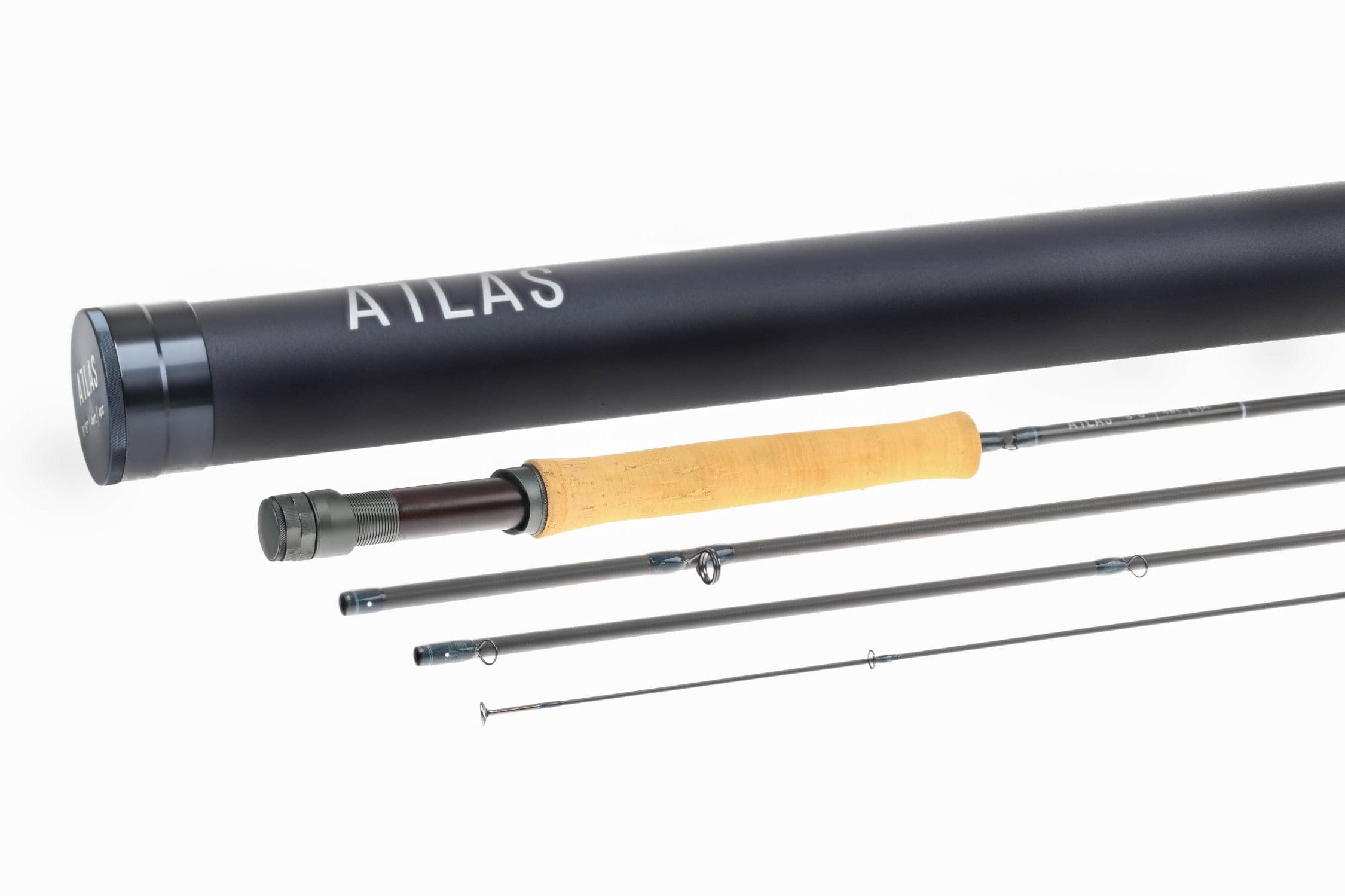 Atlas Signature 8ft 6in 4wt fly rod with matte graphite blank, natural cork handle and navy protective tube