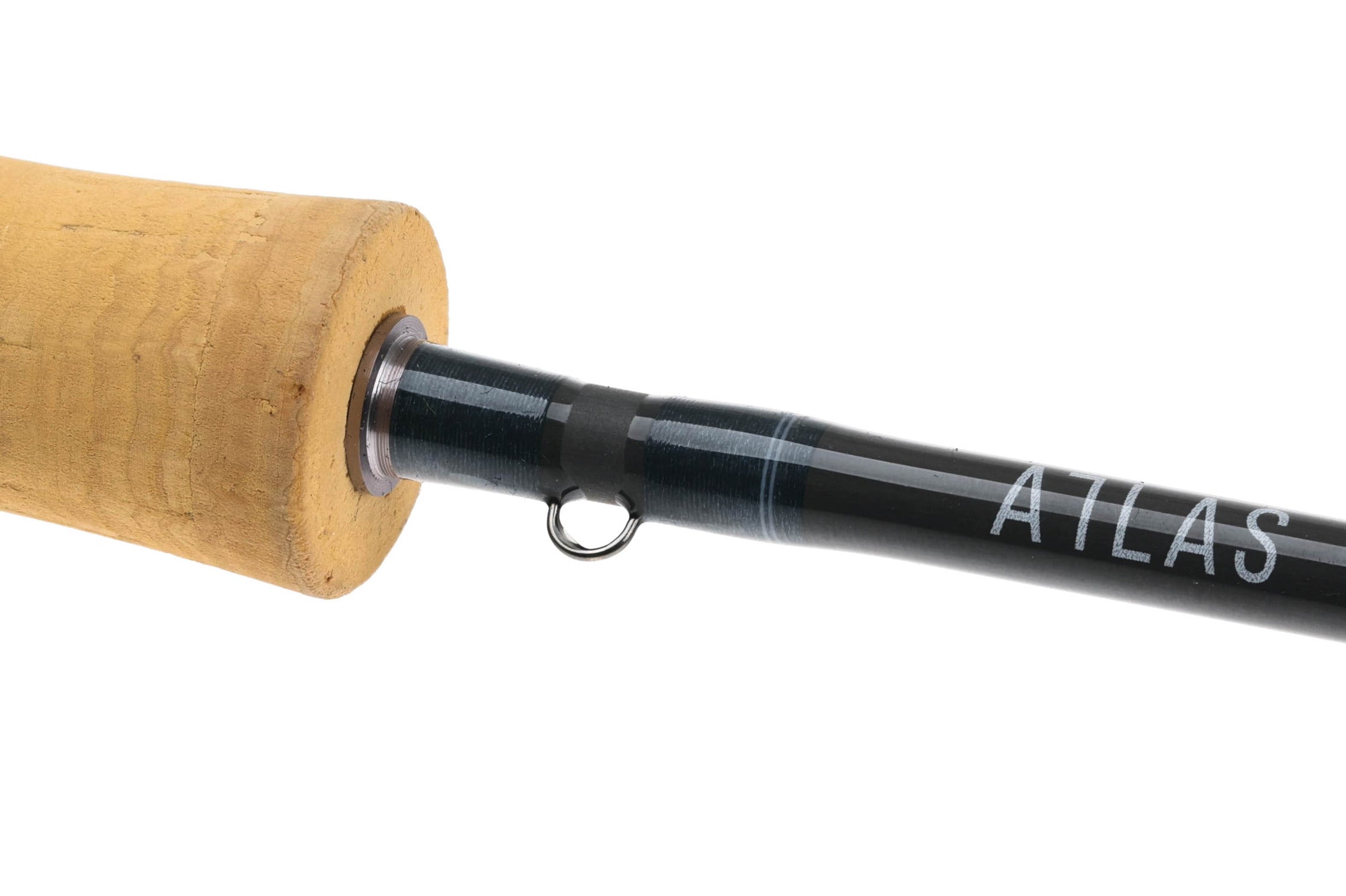 Atlas 8ft 6in 4wt fly rod close-up showing tan cork handle, black glossy graphite blank with Atlas logo and hook keeper loop