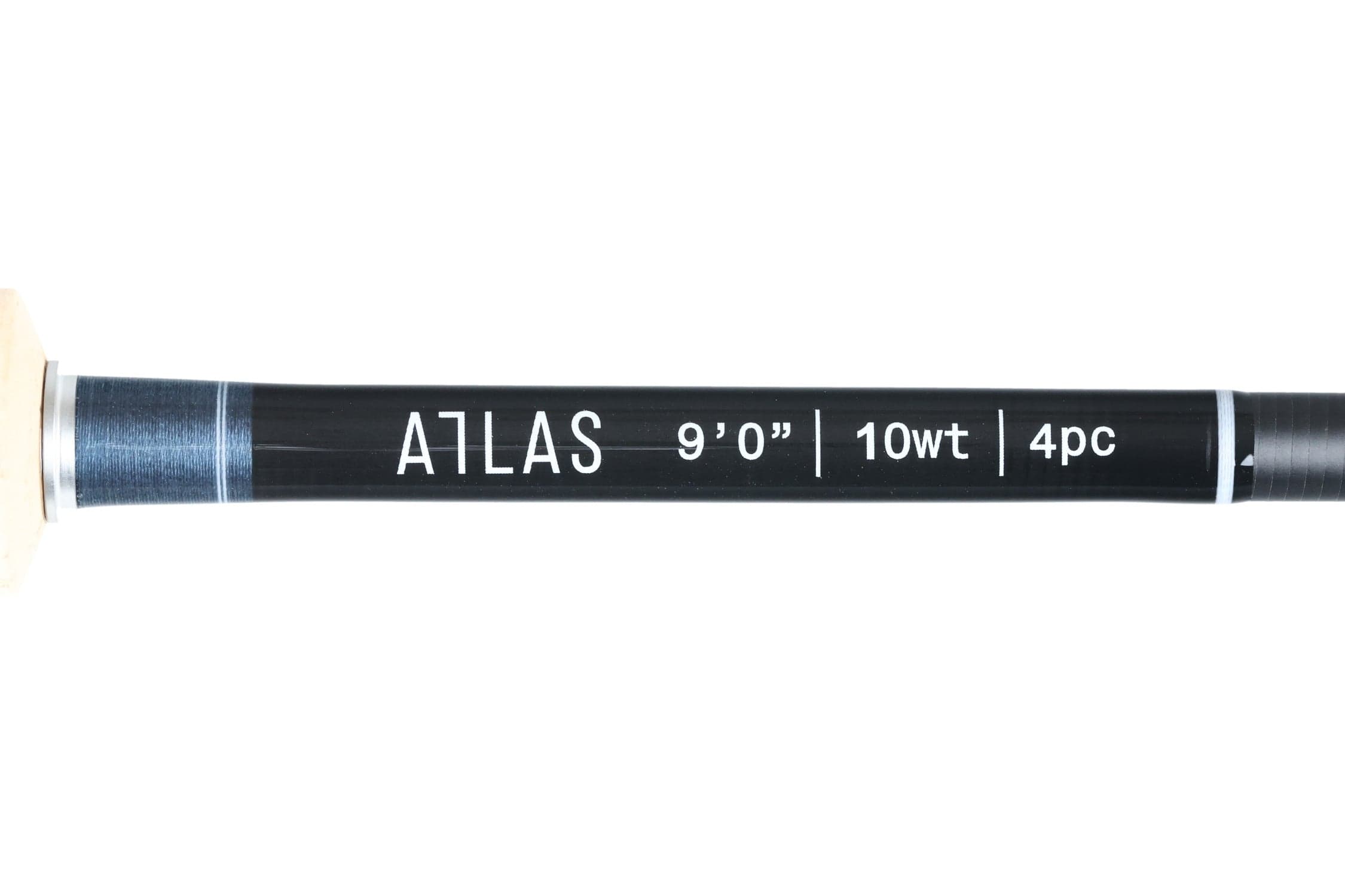 Atlas Signature 9ft 10wt black graphite fly rod section with white lettering, cork grip and blue thread wraps