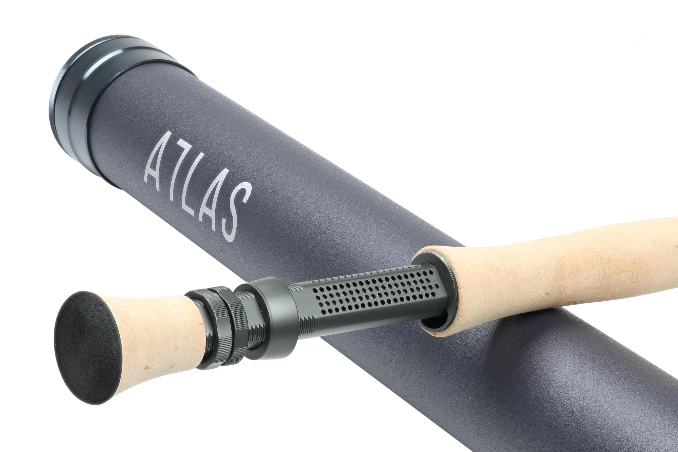 Atlas Signature 9ft 10wt fly rod cork handle with black perforated aluminum reel seat resting on matte navy rod tube