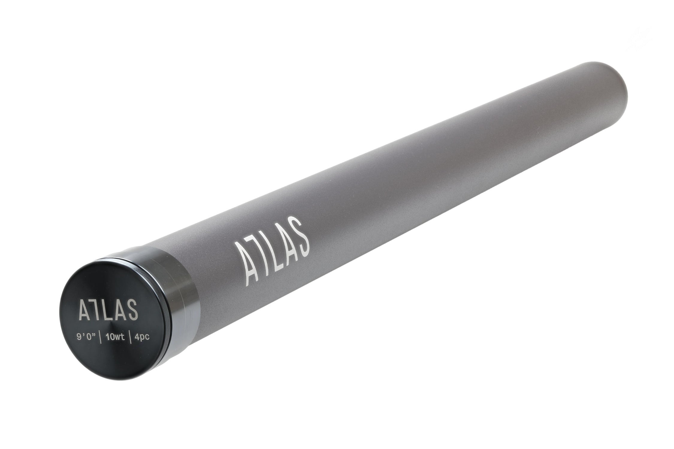 Matte gray aluminum rod tube for Atlas fly rod, white ATLAS logo along shaft and black screw cap labeled 9ft 10wt 4pc