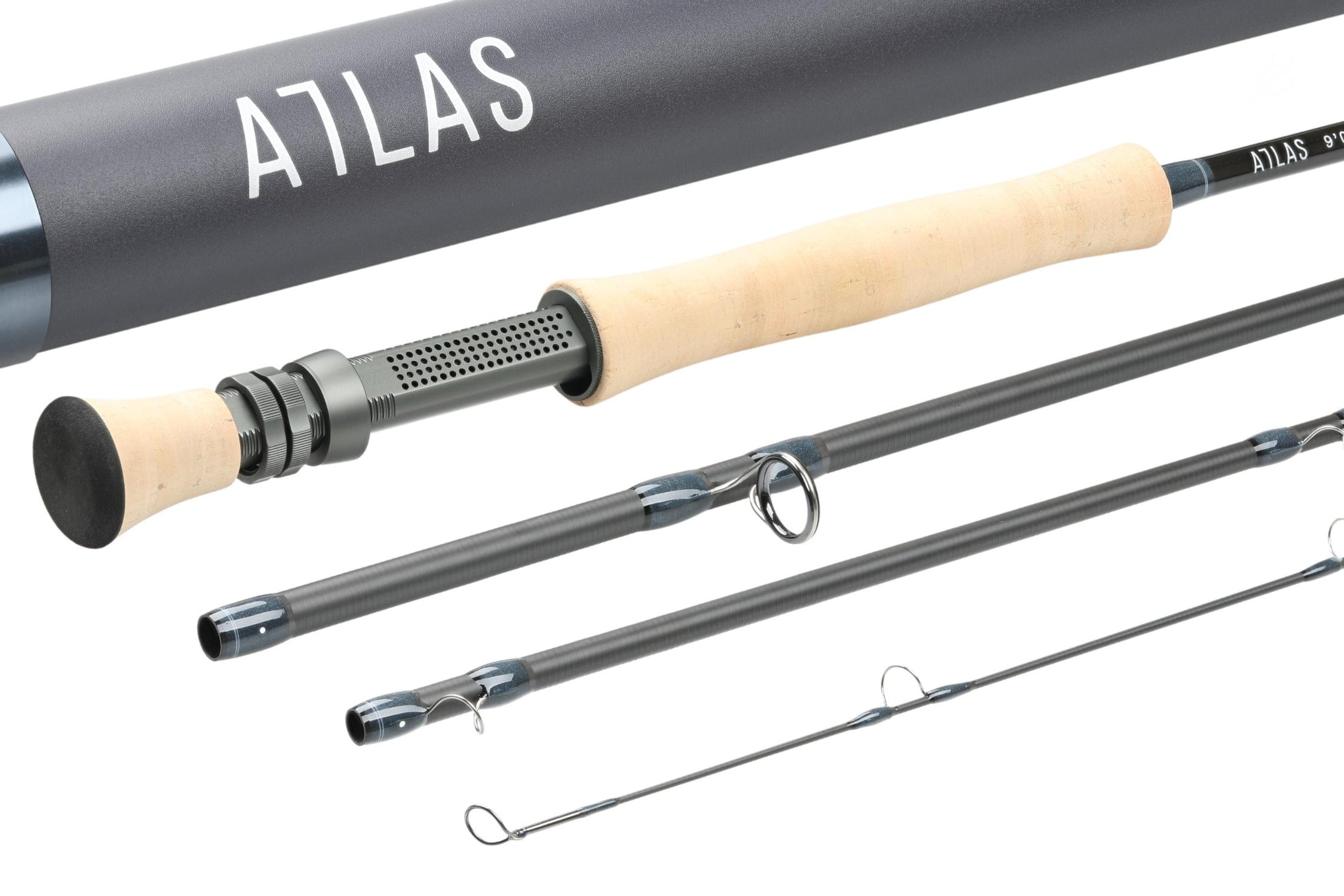 Atlas 9ft 10wt fly rod with dark graphite blank, natural cork handle, perforated aluminum reel seat and stainless line guides