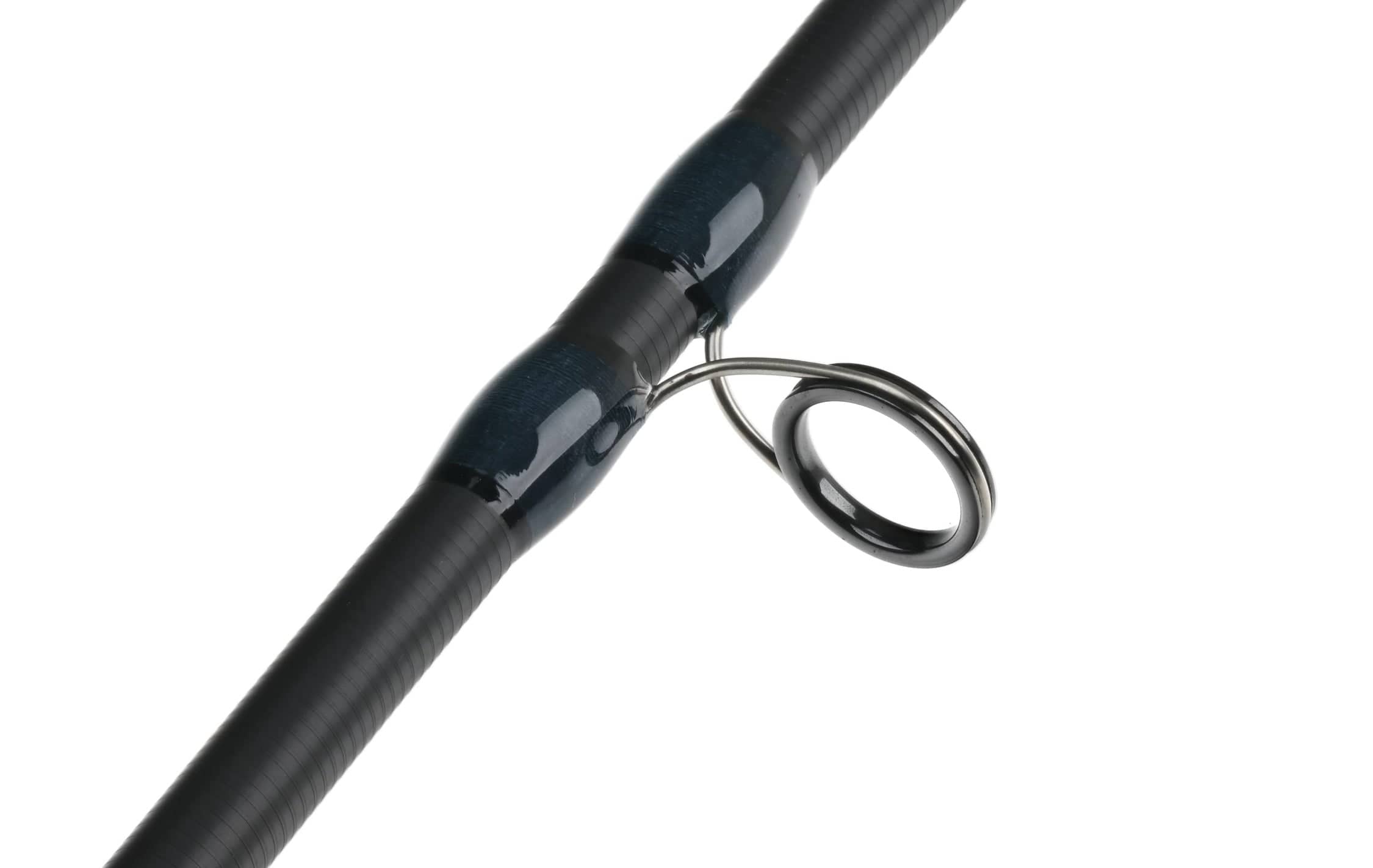 Atlas Signature 9ft 6wt fly rod close-up showing dark graphite blank, glossy navy wraps and stainless double-foot guide