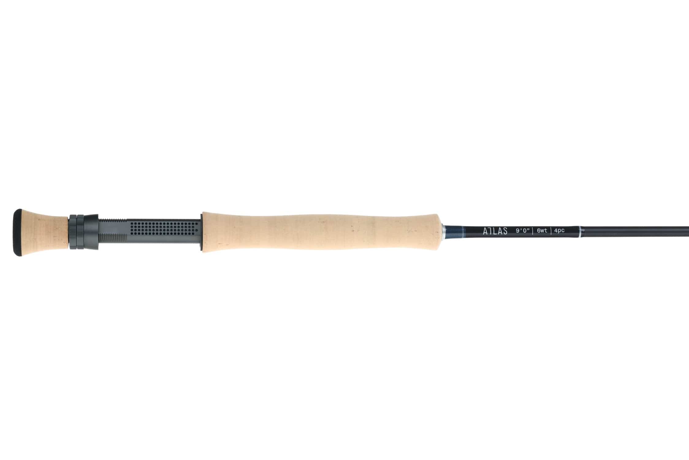 Atlas Signature 9ft 6wt fly rod with light cork full-wells handle, black graphite blank and perforated gray metal reel seat