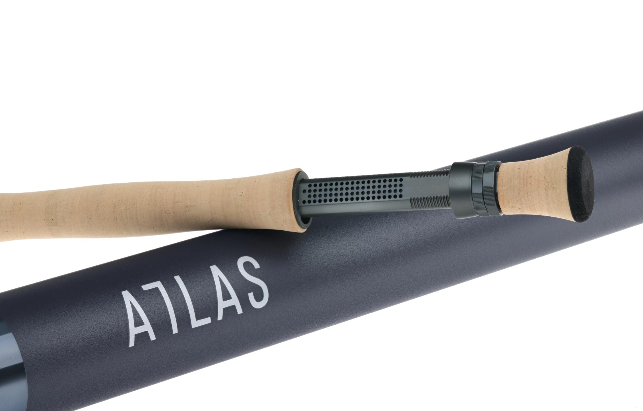 Atlas Signature 9ft 6wt fly rod section with natural cork handle, perforated graphite reel seat and navy rod tube.
