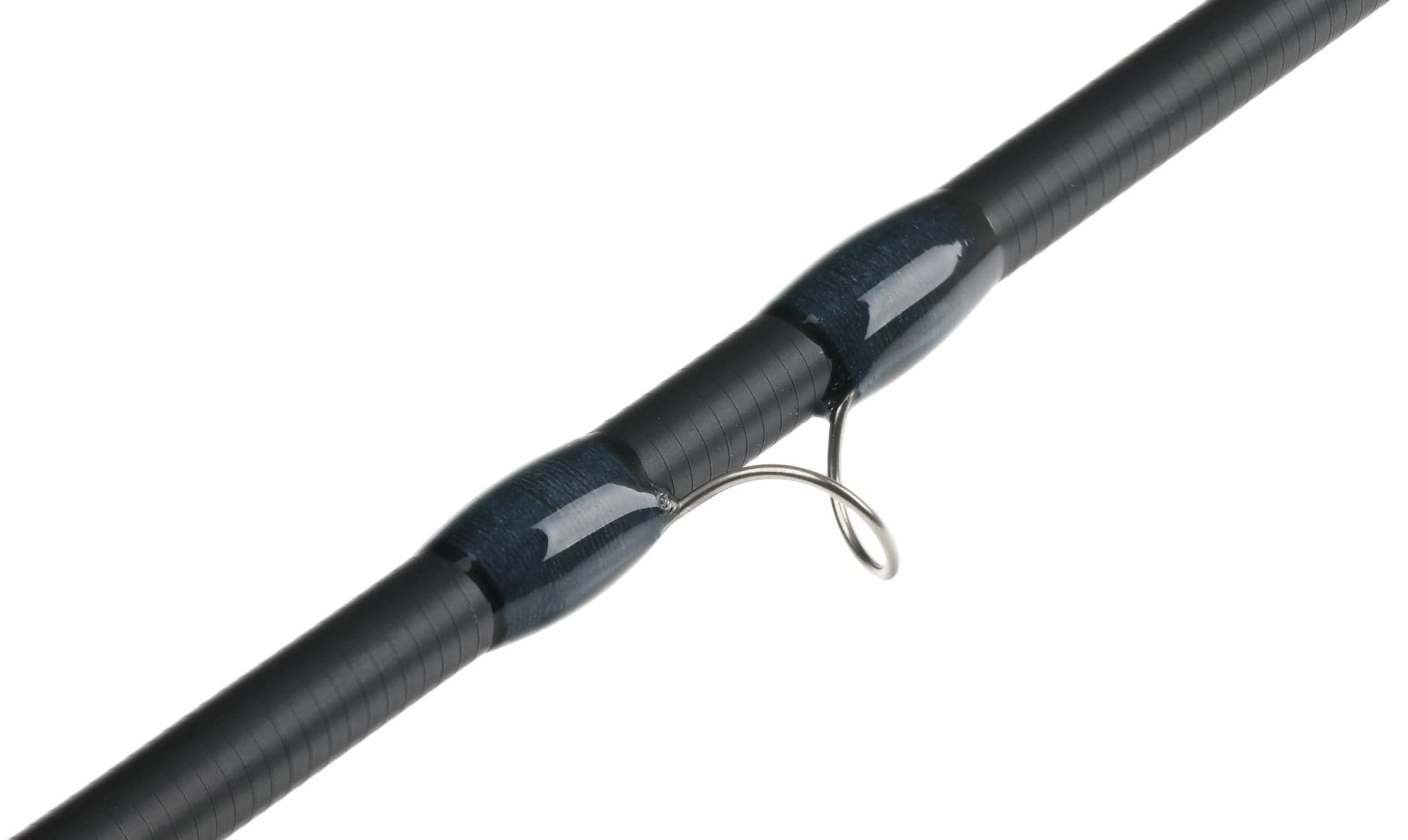 Atlas Signature 9ft 7wt fly rod closeup: black carbon blank, dark blue glossy wraps and stainless steel guide