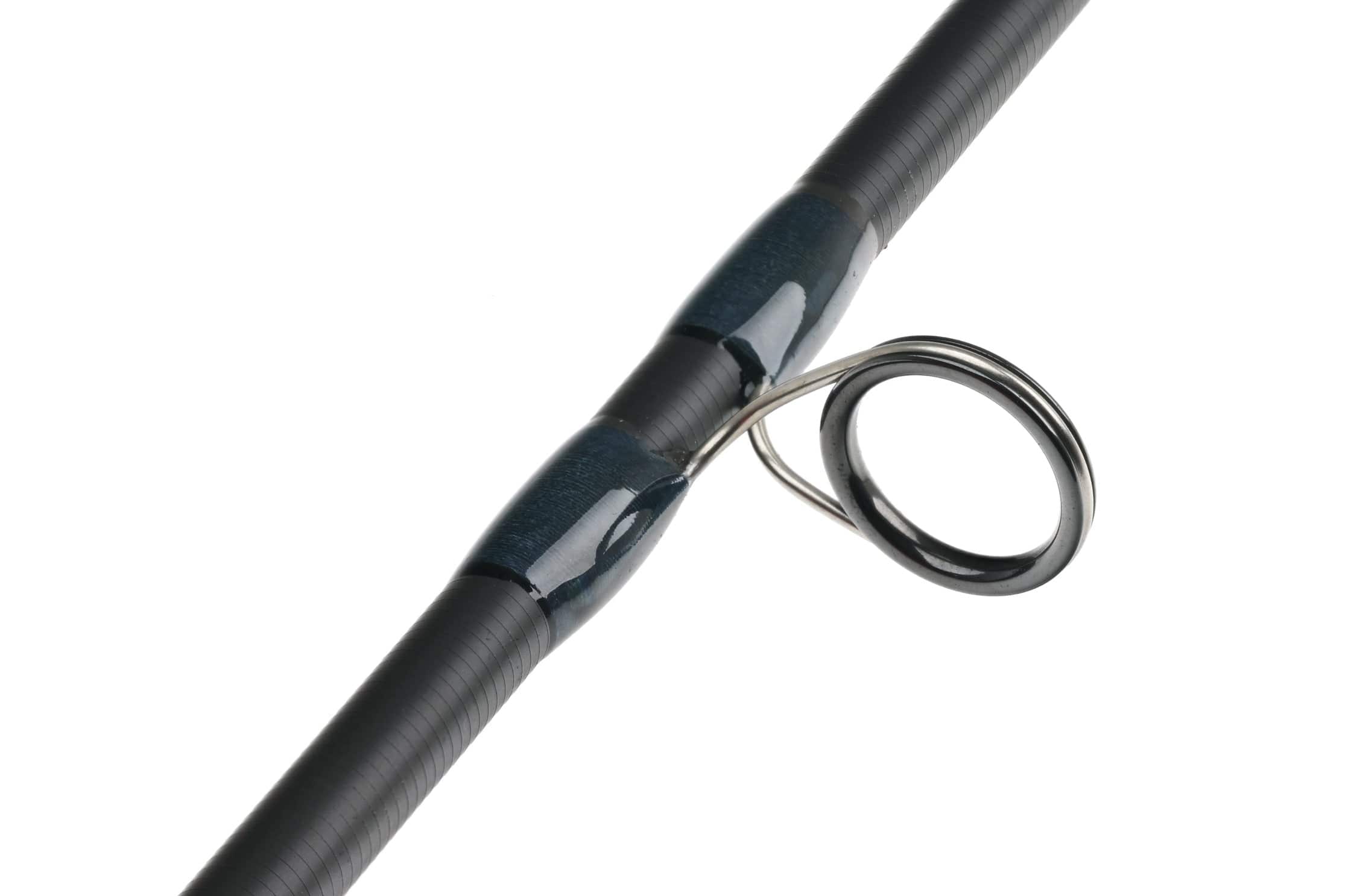 Atlas fly rod 9ft 7wt, matte black graphite blank with glossy dark blue thread wraps and polished stainless guide ring