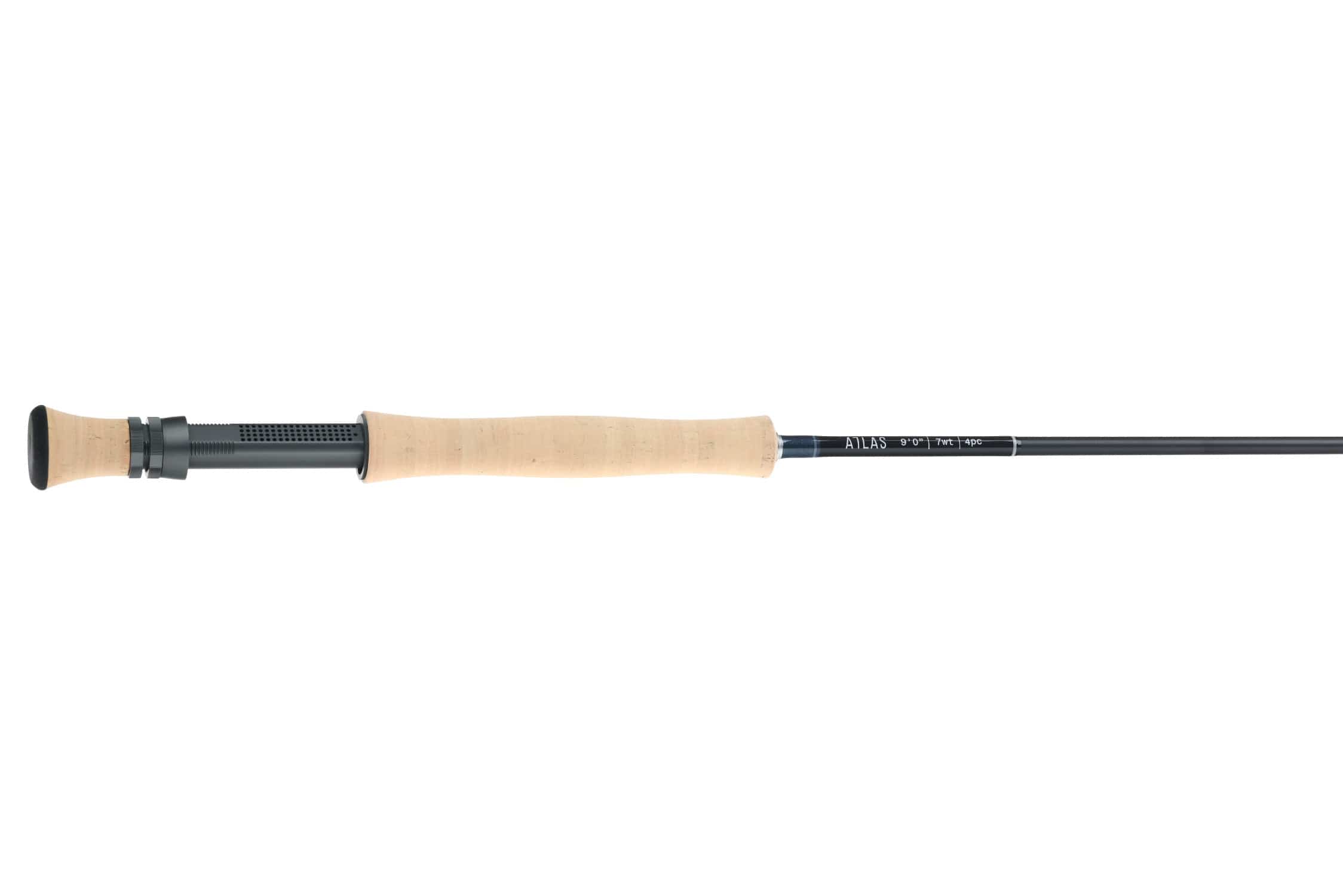 Atlas Signature 9ft 7wt fly rod with black graphite blank and natural cork full-wells handle, sleek matte finish