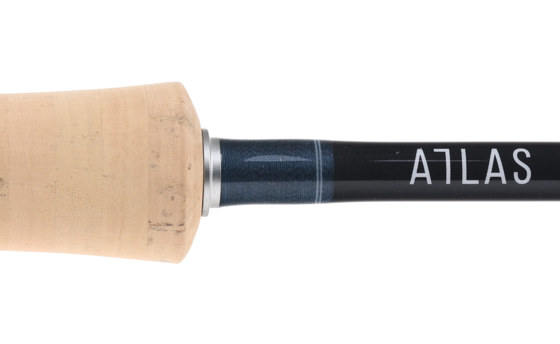 Cork grip with silver reel-seat on black glossy Atlas fly rod blank, blue thread wraps and white ATLAS logo, 9ft 7wt
