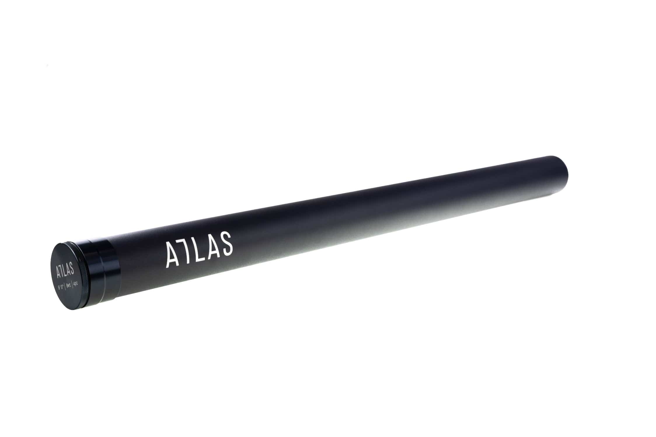 Black matte aluminum fly rod case with white ATLAS logo and round screw-on end cap