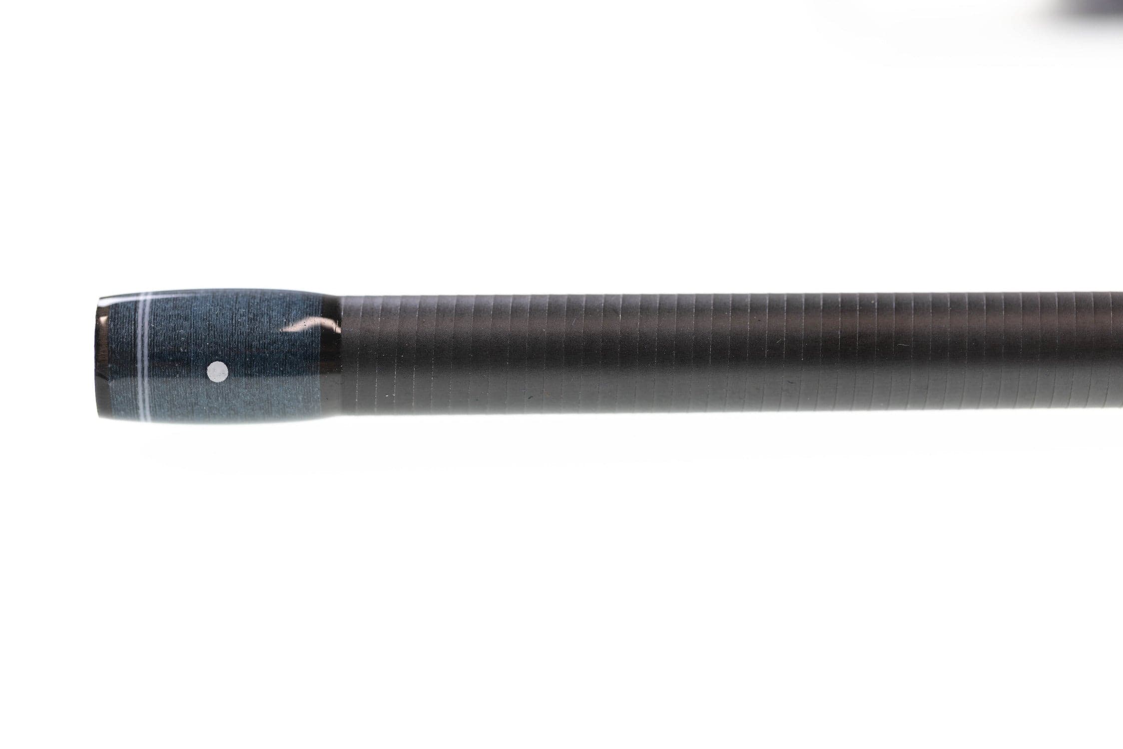 Atlas Signature 9ft 8wt fly rod closeup matte black blank with metallic blue butt cap, white dot and bands