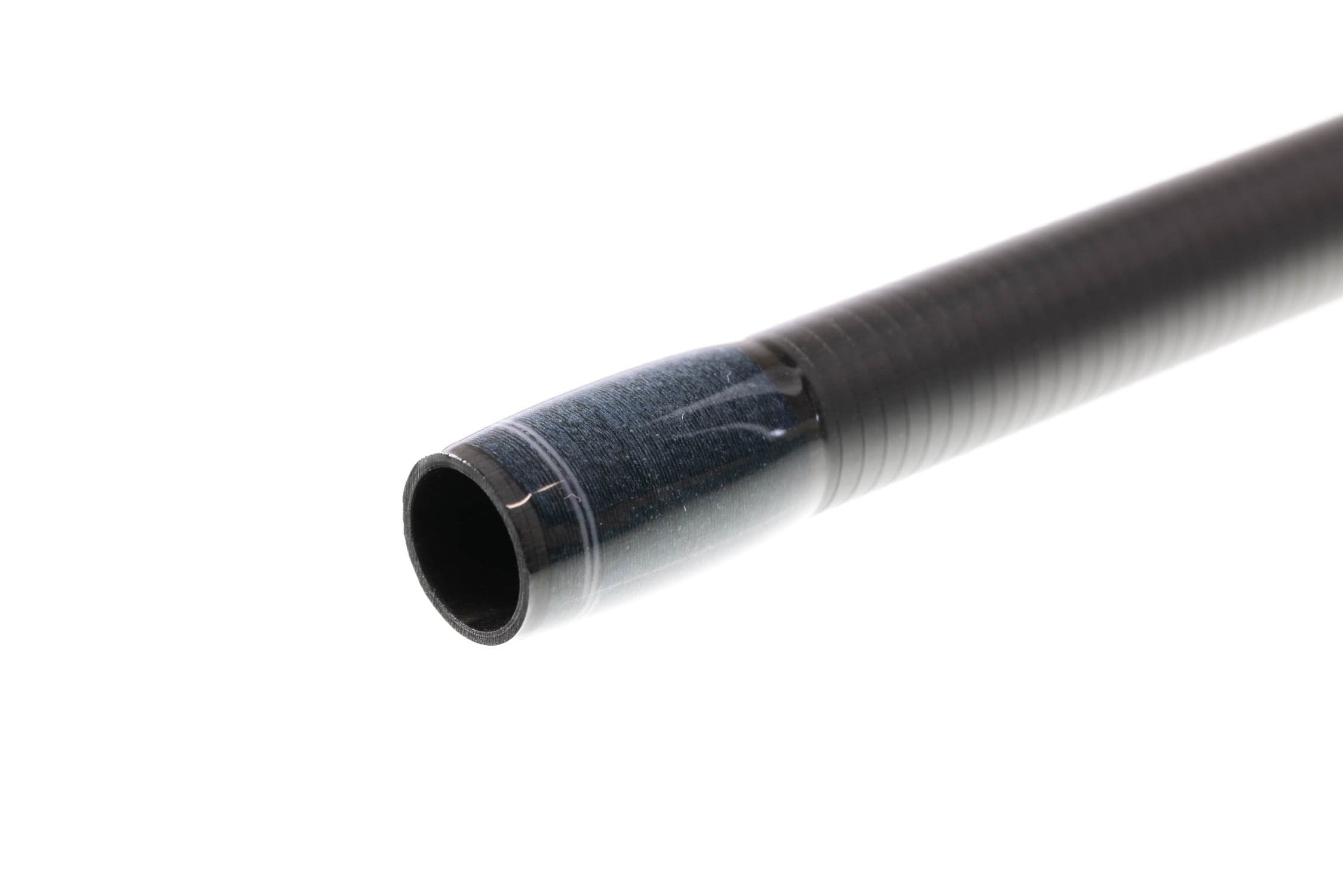 Atlas Signature 9ft 8wt fly rod carbon-fiber blank close-up, glossy dark blue butt section with black spiral-wrapped shaft