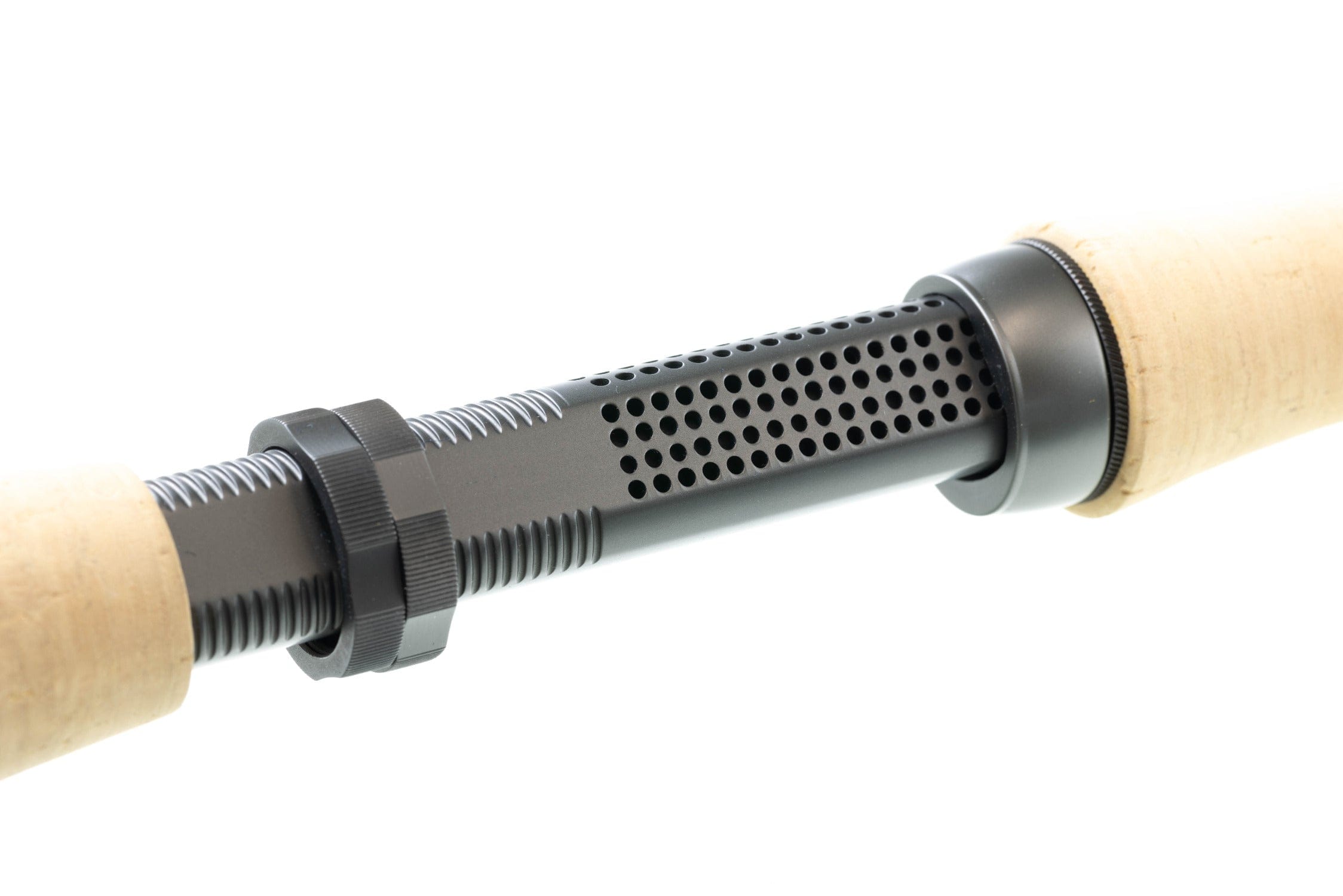 Atlas Signature 9ft 8wt fly rod close-up matte gray perforated metal reel seat with knurled locking ring and cork handles