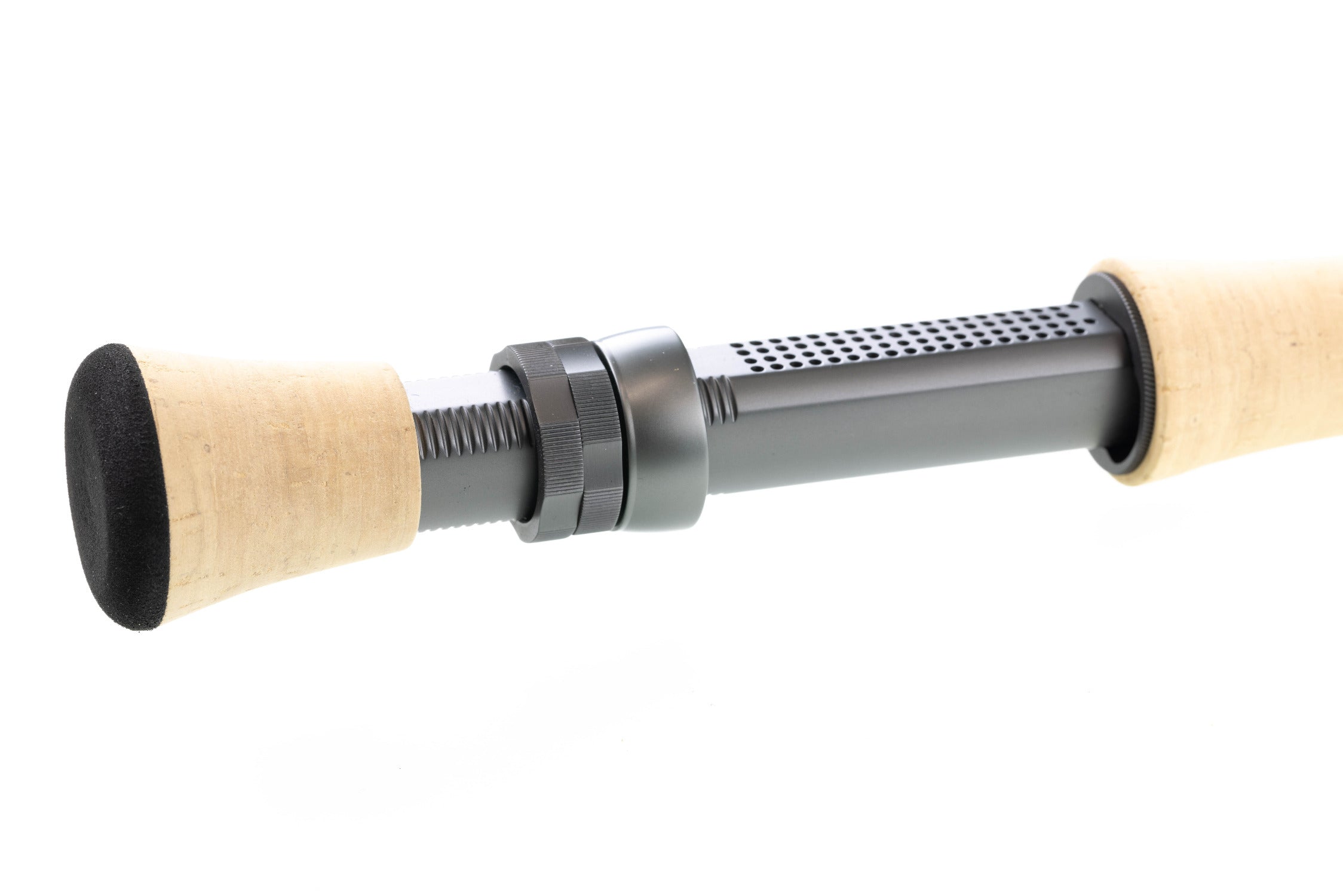 Atlas Signature fly rod cork handles with black end caps and matte gray perforated metal reel seat and knurled locking nut