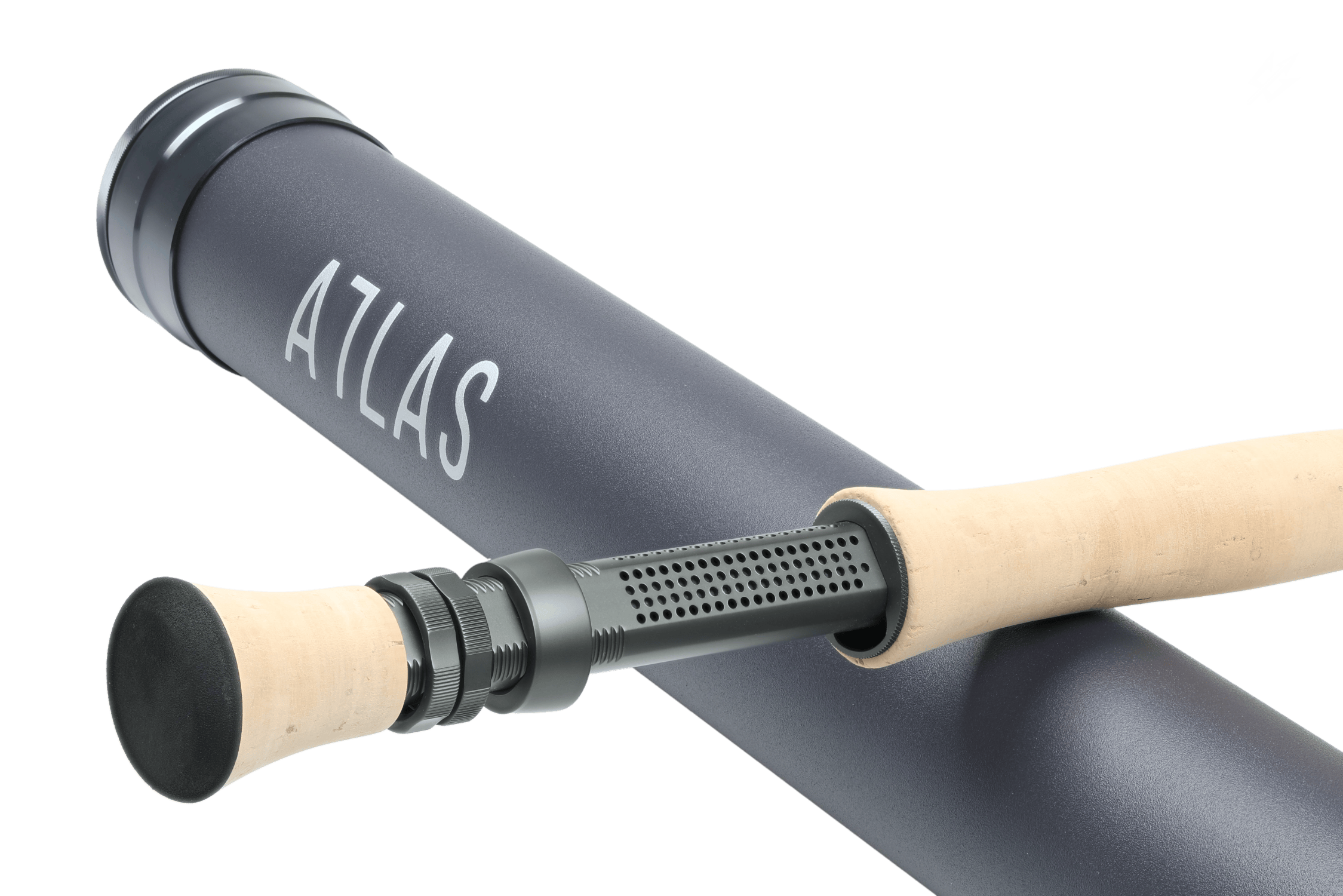 Atlas Signature 9ft 9wt fly rod cork grip, perforated dark metal reel seat and matte gray rod tube with ATLAS logo