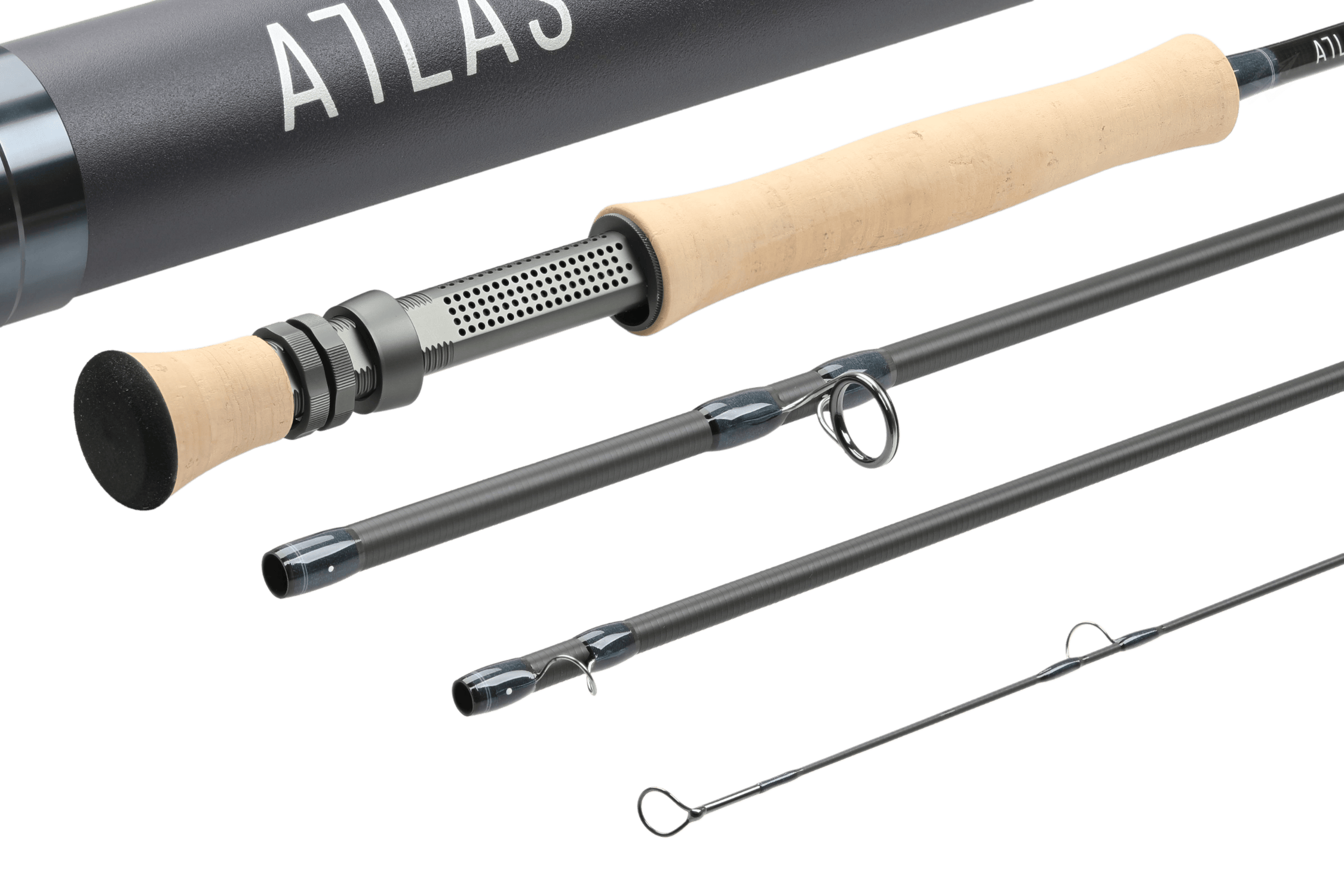 Atlas Signature 9ft 9wt fly rod with tan cork grip, perforated metal reel seat and graphite blank with silver guides