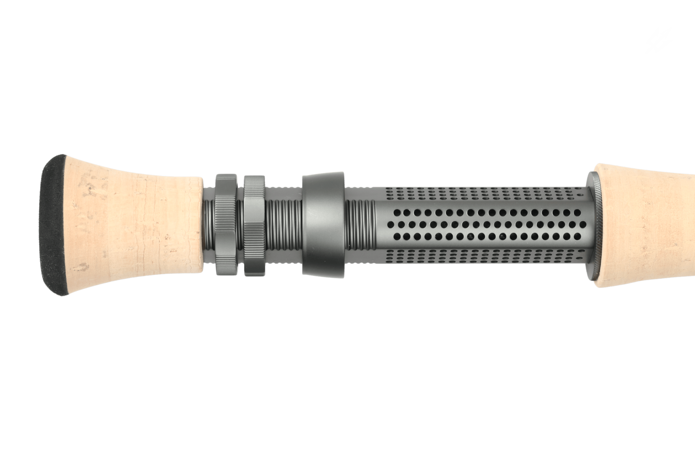 Atlas Signature 9ft 9wt fly rod cork handles with black butt caps and gray perforated metal reel seat with knurled rings