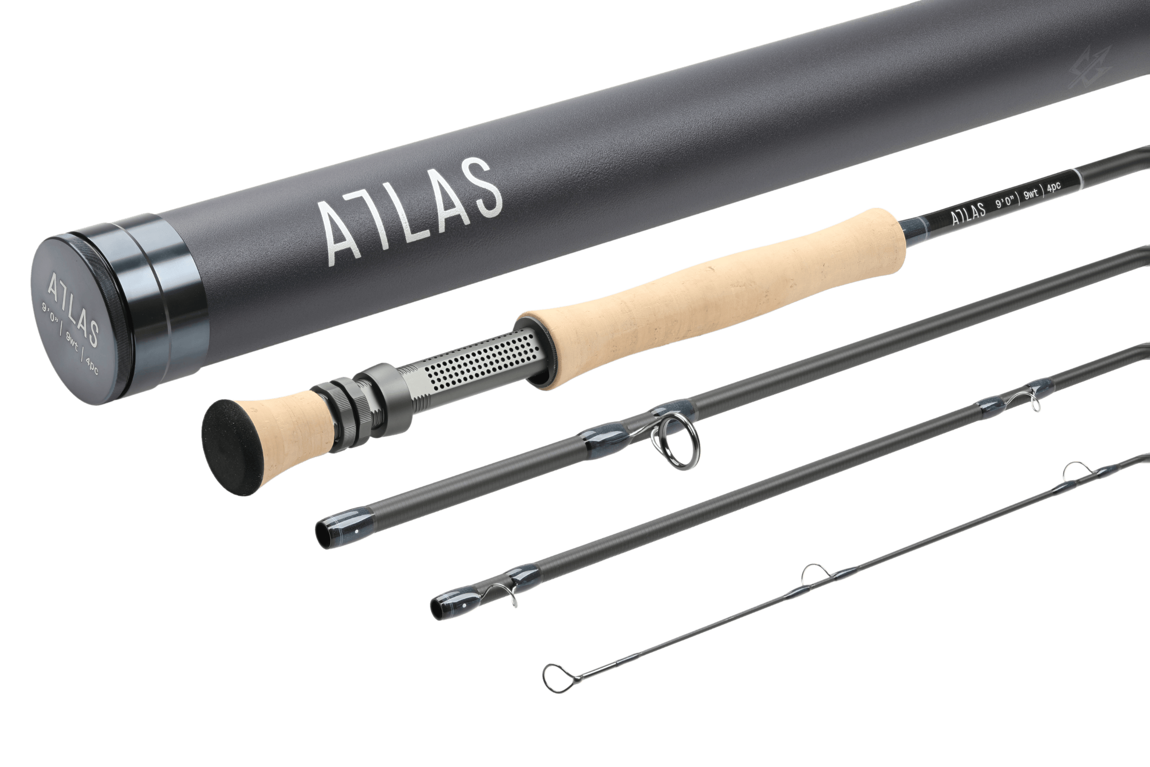 Atlas Signature 9ft 9wt fly rod in matte graphite finish with cork grip, perforated metal reel seat and black logo tube