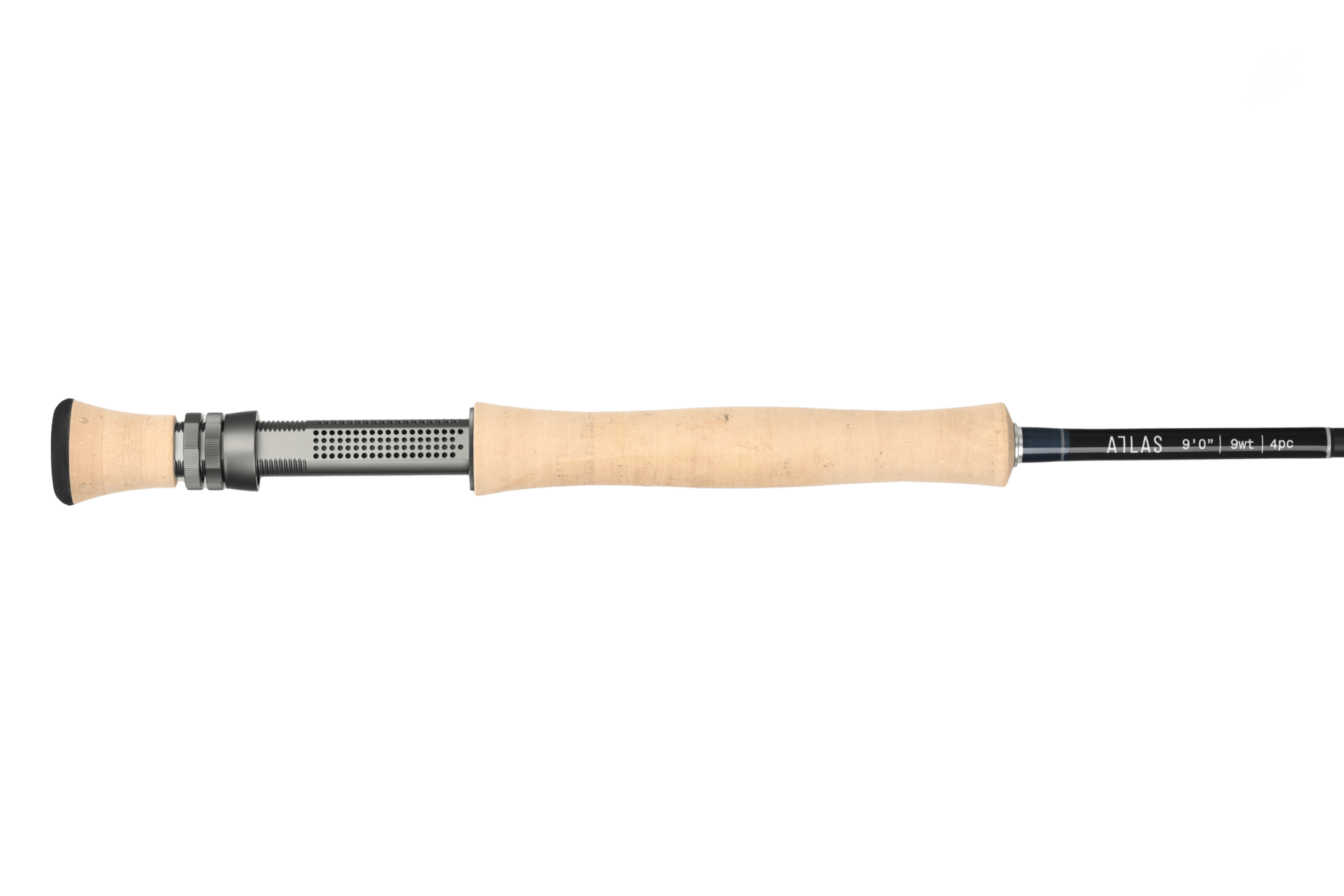 Atlas Signature 9'0 9wt fly rod with long natural cork handle and matte black blank, metal reel seat detailing