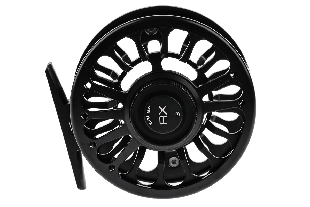 Bauer RX black anodized fly reel with large-arbor vented spool, CNC-cut radial spokes and matte gloss finish