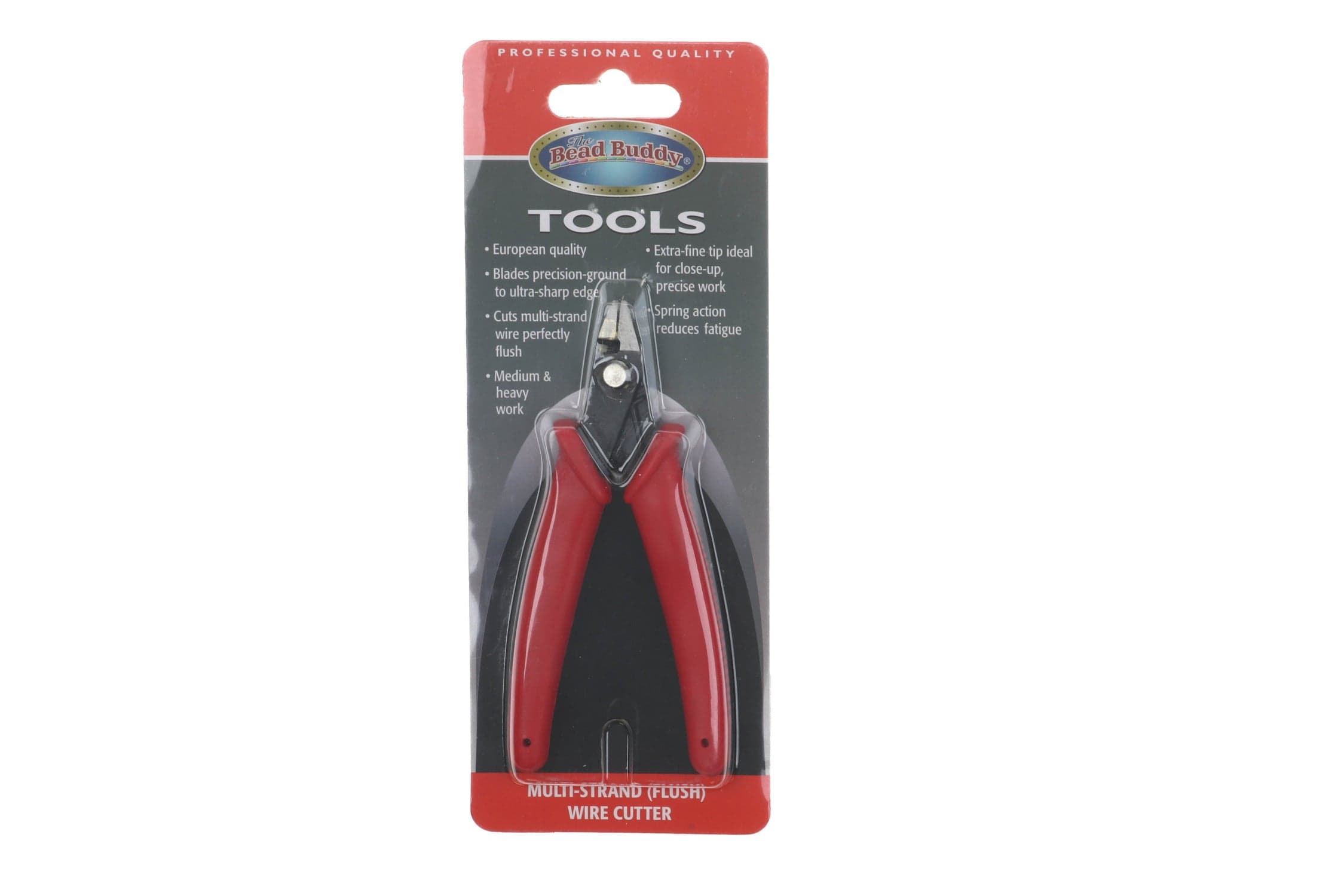 Bead Buddy Super Flush wire cutter with red ergonomic plastic handles and stainless steel flush blades in retail blister pack