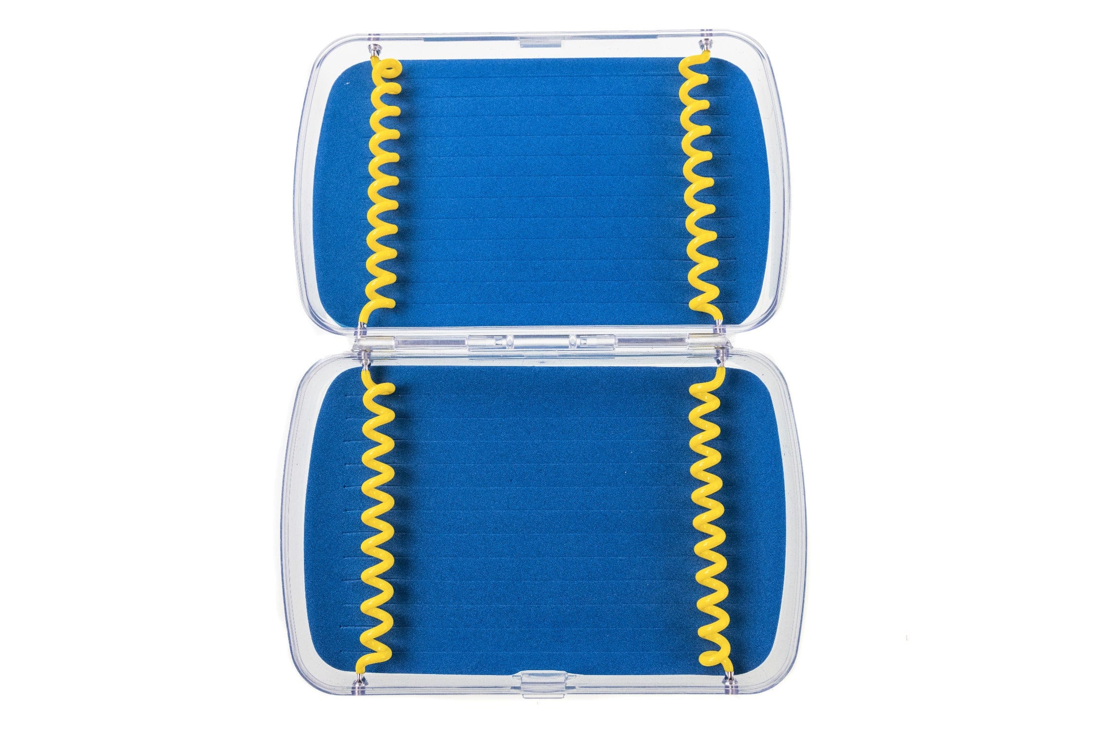 Clear plastic fly box with blue slotted foam and yellow spiral rubber cords for fly storage