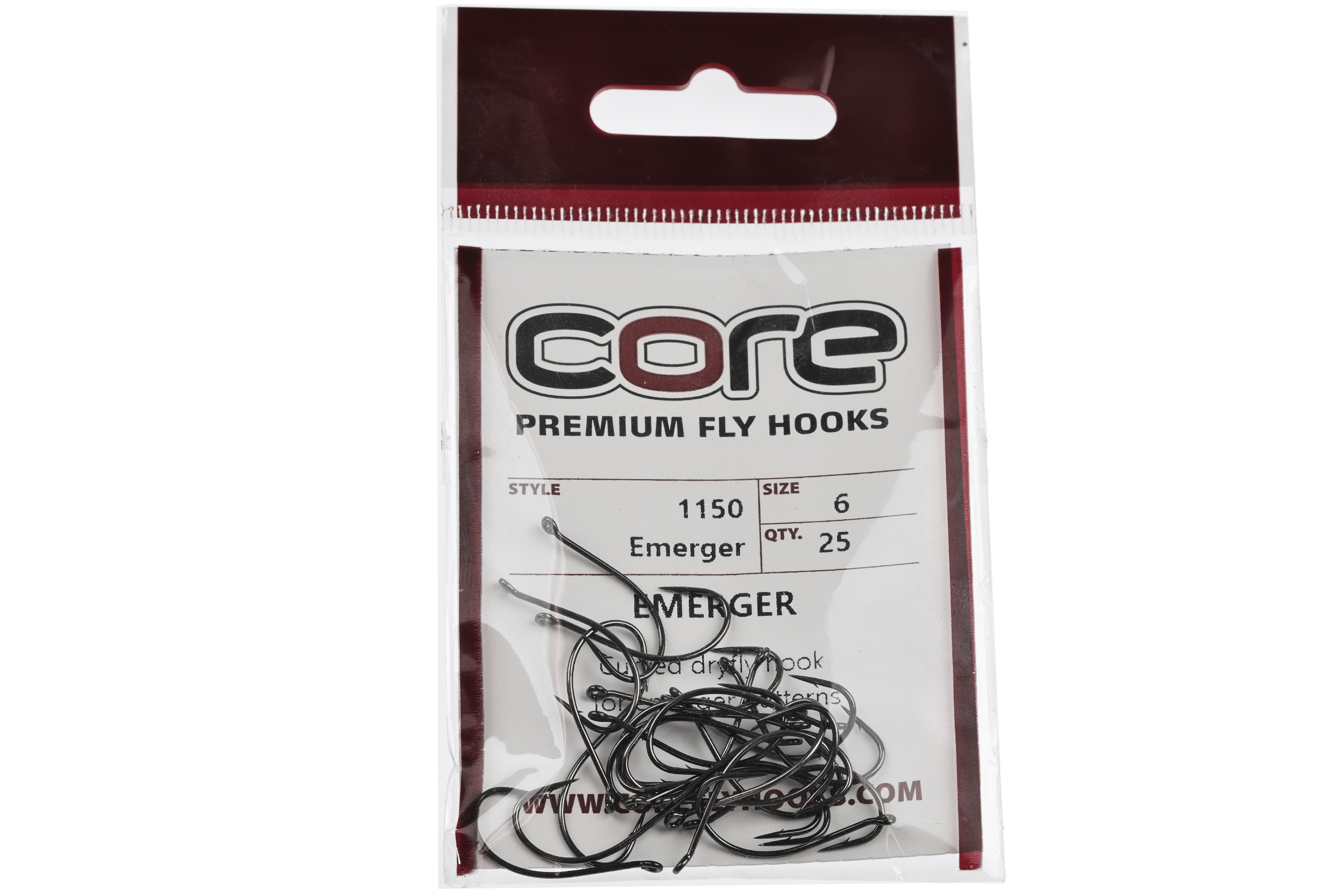 Clear plastic pack with red header and Core logo containing black steel emerger fly hooks and size label