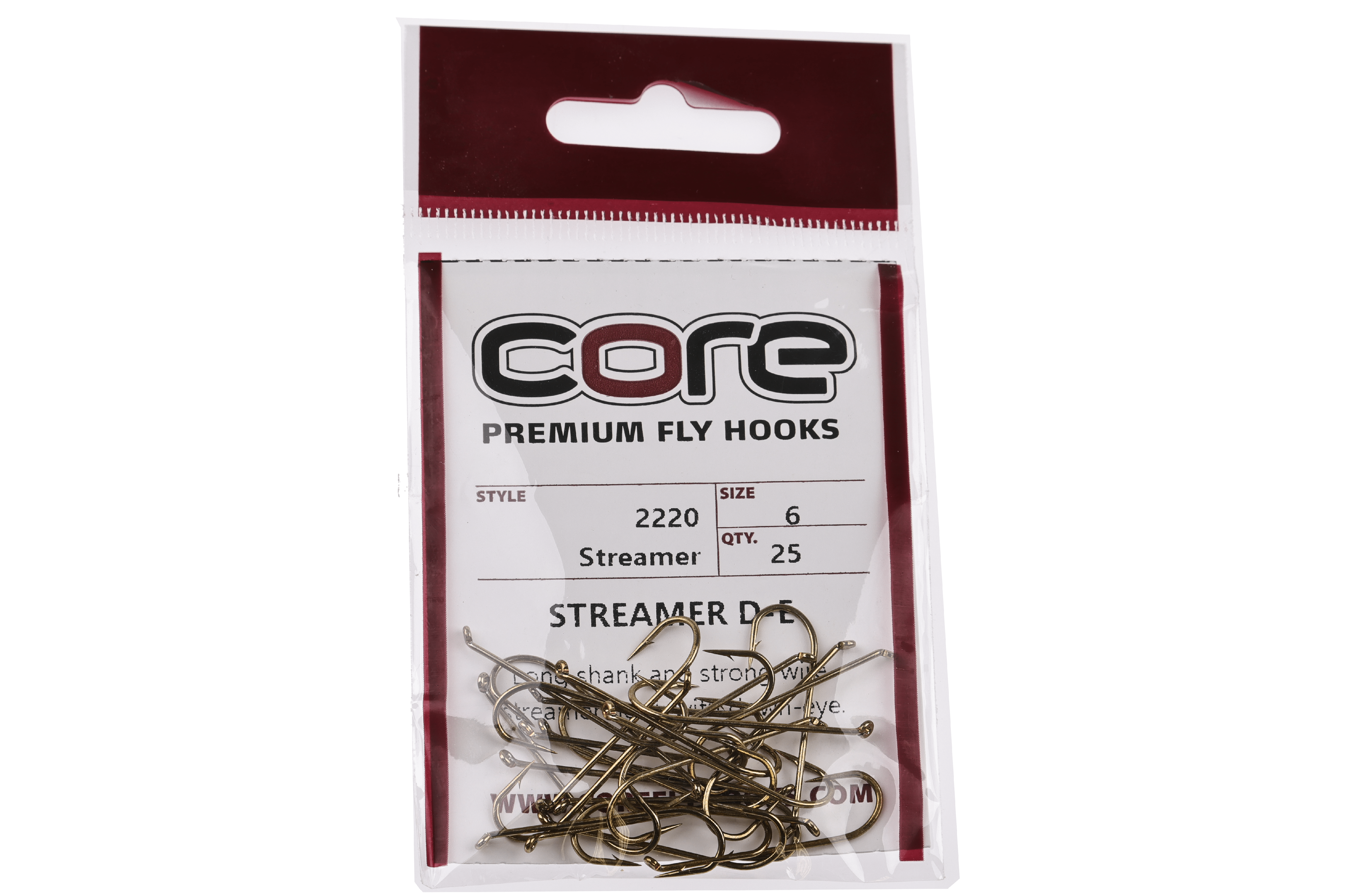 Clear package of Core streamer down eye fly hooks, bronze metal hooks piled inside, white label with red trim