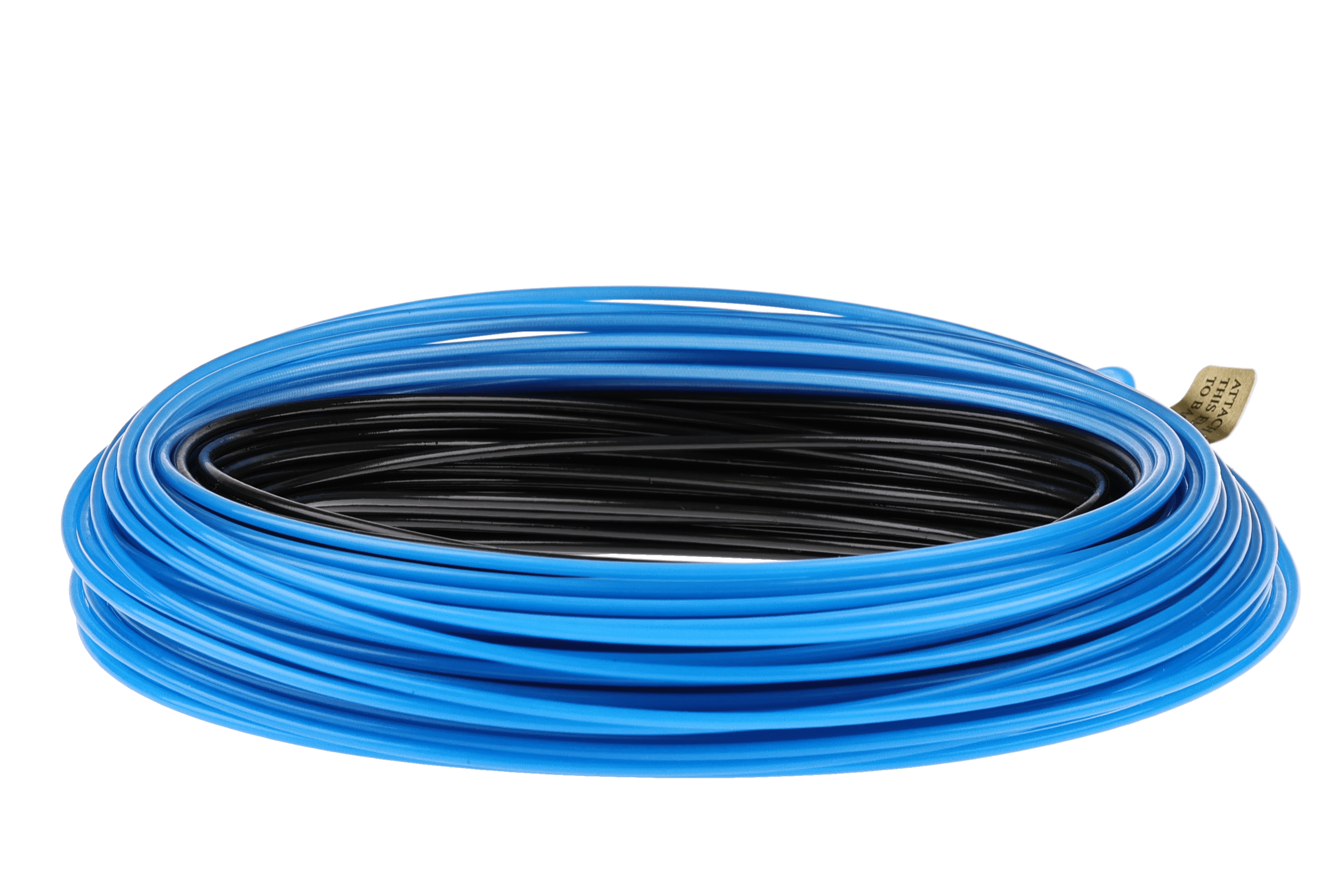 Coiled Cortland heavy sink fly line in bright blue with black core, smooth PVC coating and labeled tag