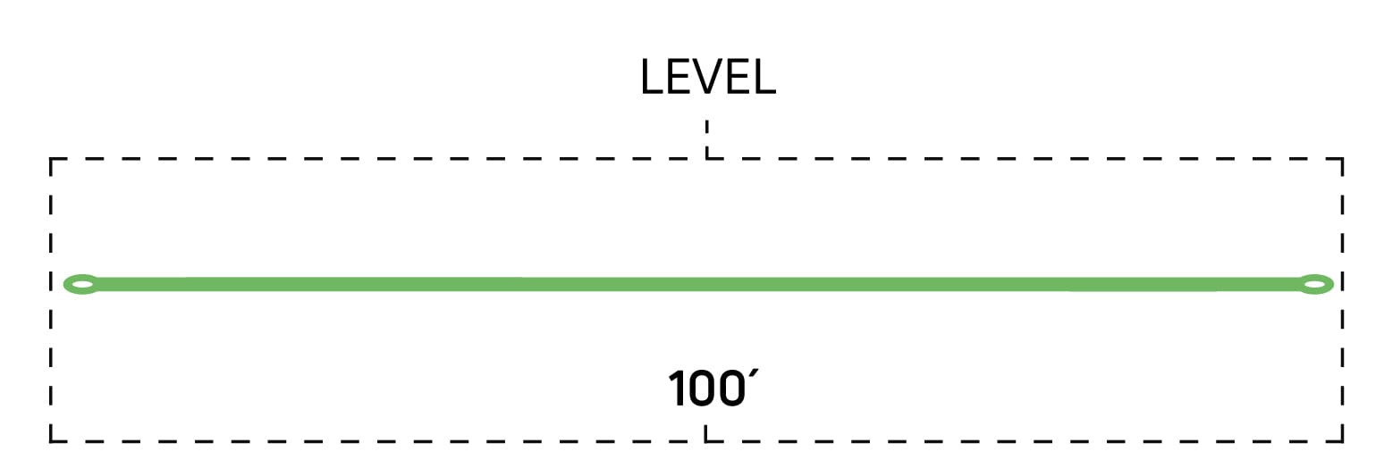 Green braided nylon shooting/running line with small looped eyes at each end, labeled 100-foot length