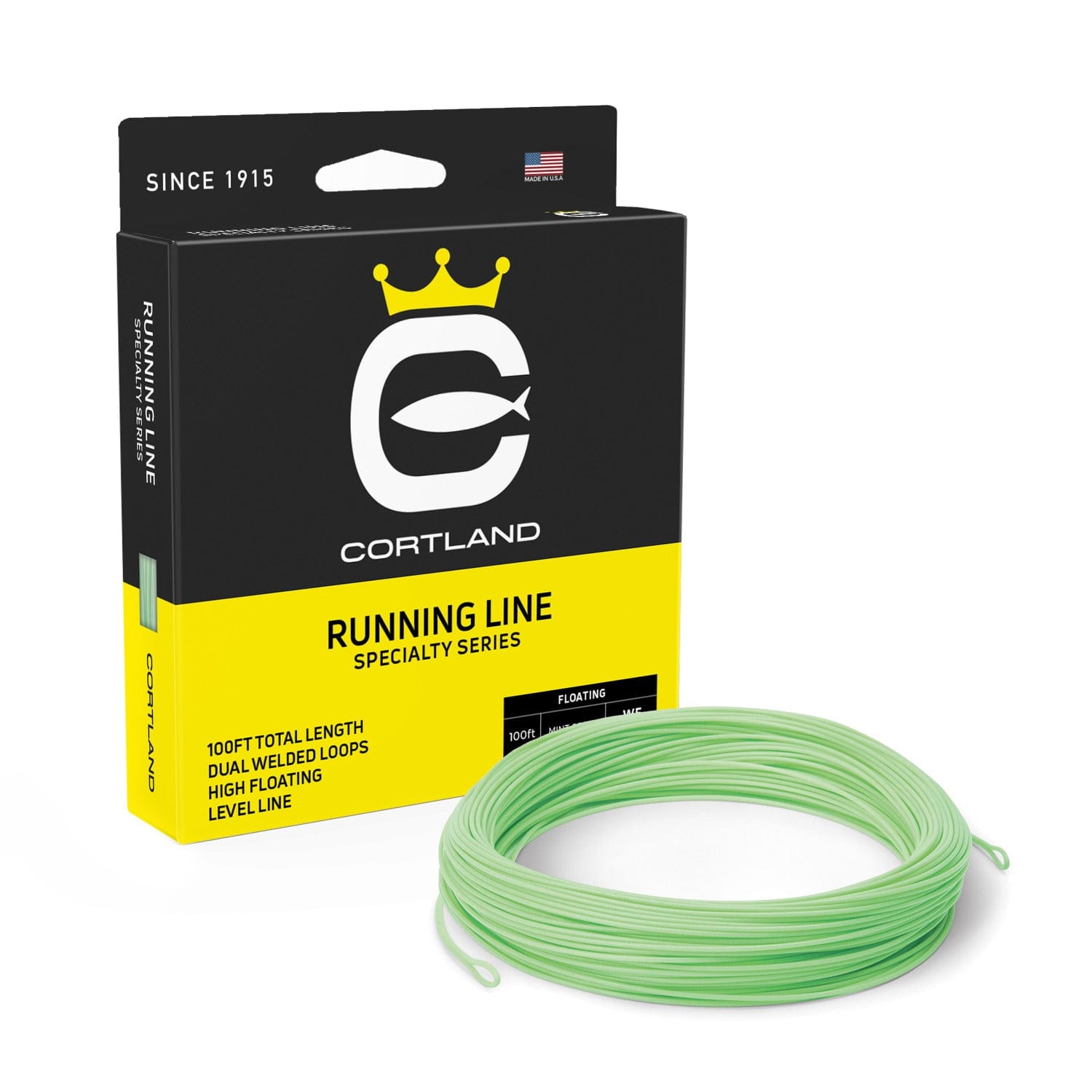 Cortland black and yellow box with crown logo beside coil of pale green braided nylon running line