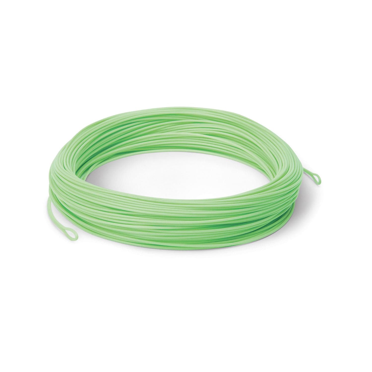Cortland pale green braided nylon shooting line coiled in a flat circular loop for fly fishing