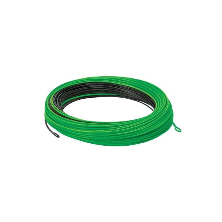 Bright green and black coiled Cortland Kelly Galloup Dungeon 30 fly line with looped ends