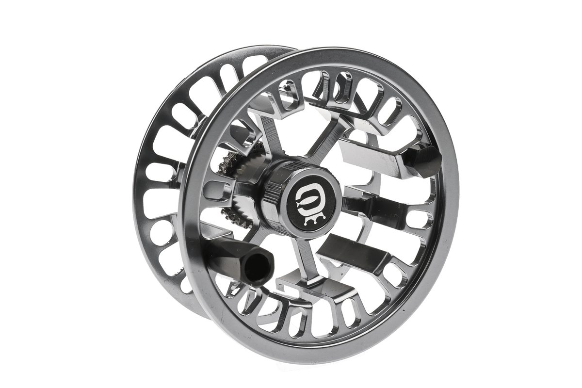 Cortland Retro Click fly reel in silver and black with perforated disc design and mechanical click drag system
