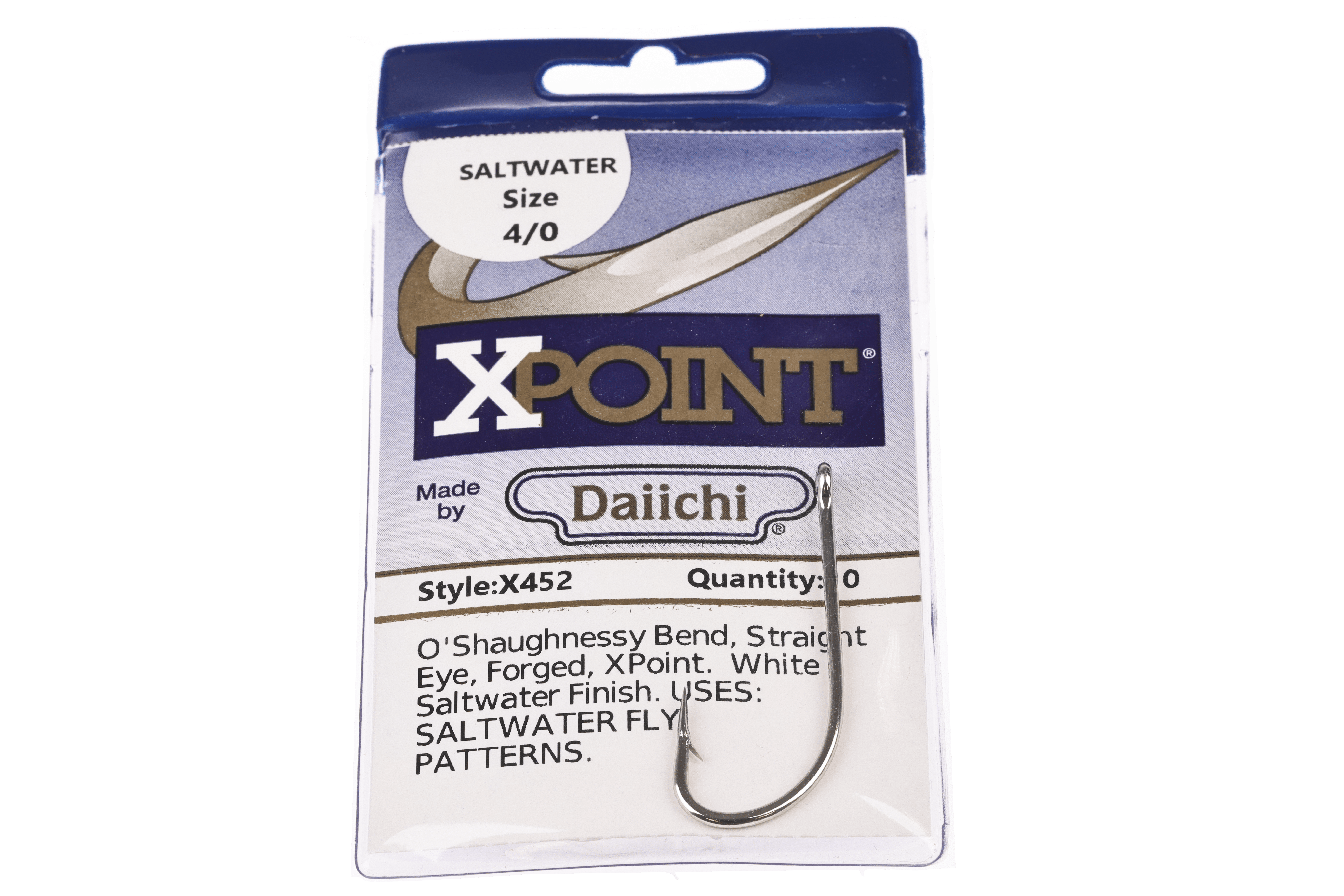 Daiichi X-Point saltwater fly tying hook pack, silver forged O'Shaughnessy style hook visible with blue logo and size 4/0