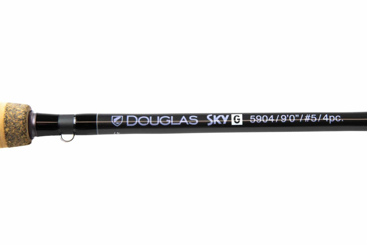 Douglas SKY-G black graphite fly rod with cork handle and white model lettering 9ft #5 4pc