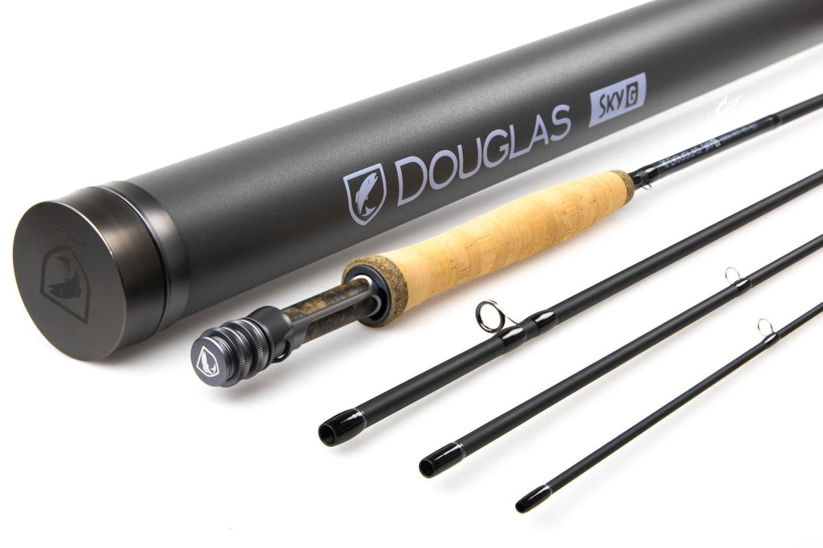 Douglas SKY-G four-piece black graphite fly rod with cork handle and matte black protective tube